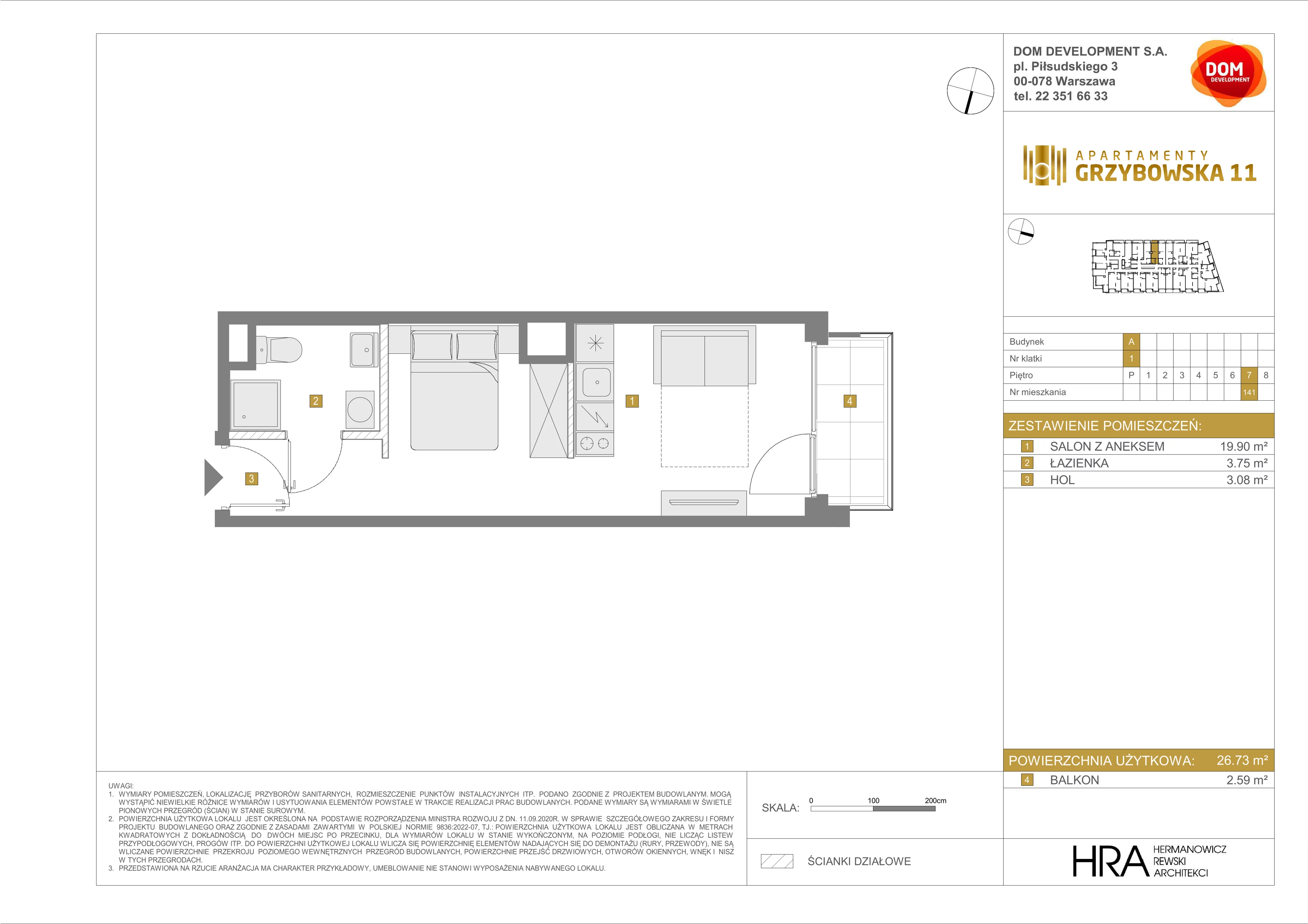 1 pokój, mieszkanie 26,73 m², piętro 7, oferta nr A/141, Apartamenty Grzybowska 11, Warszawa, Śródmieście, Śródmieście Północne, ul. Grzybowska 11