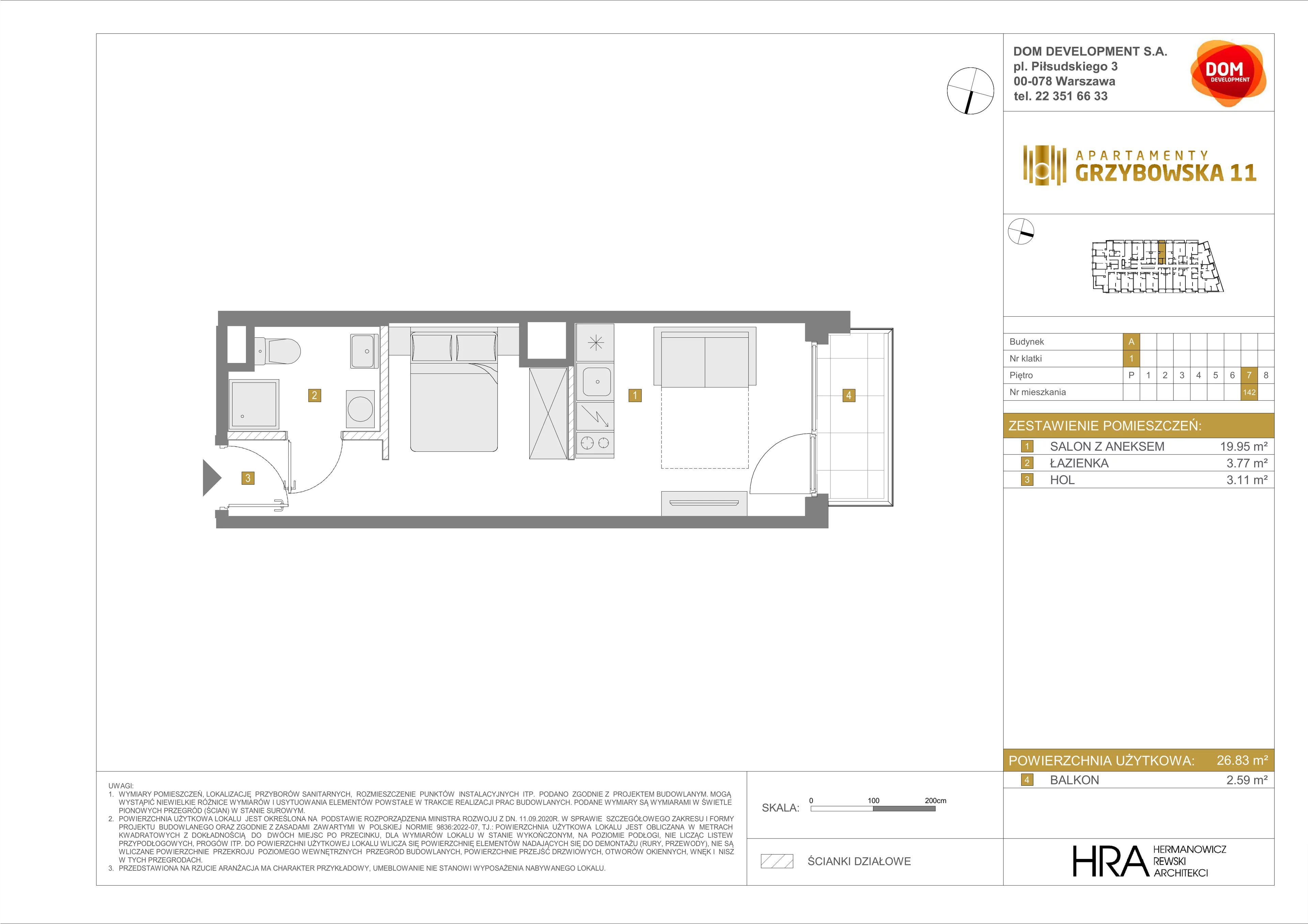 1 pokój, mieszkanie 26,83 m², piętro 7, oferta nr A/142, Apartamenty Grzybowska 11, Warszawa, Śródmieście, Śródmieście Północne, ul. Grzybowska 11