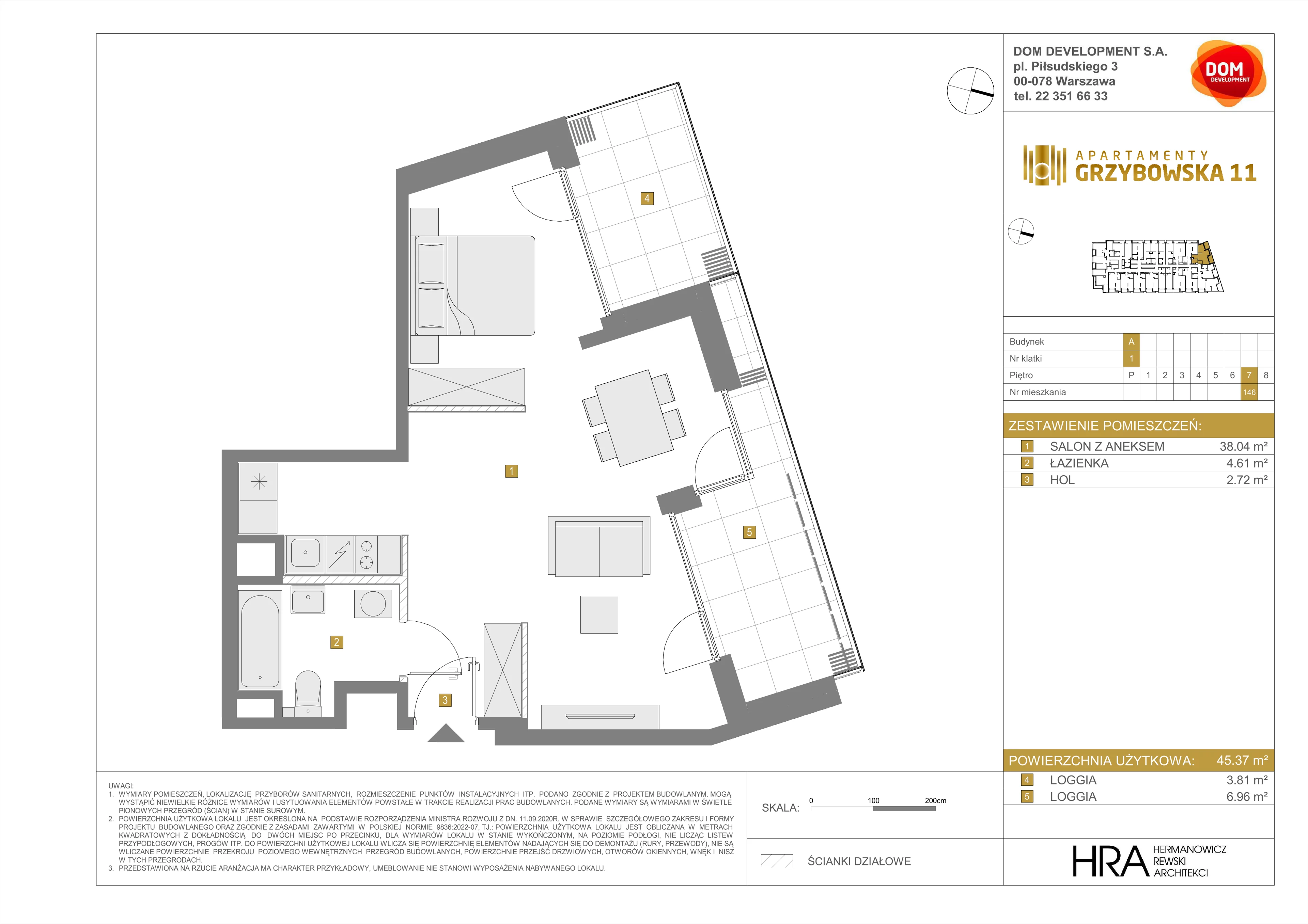 1 pokój, mieszkanie 45,37 m², piętro 7, oferta nr A/146, Apartamenty Grzybowska 11, Warszawa, Śródmieście, Śródmieście Północne, ul. Grzybowska 11