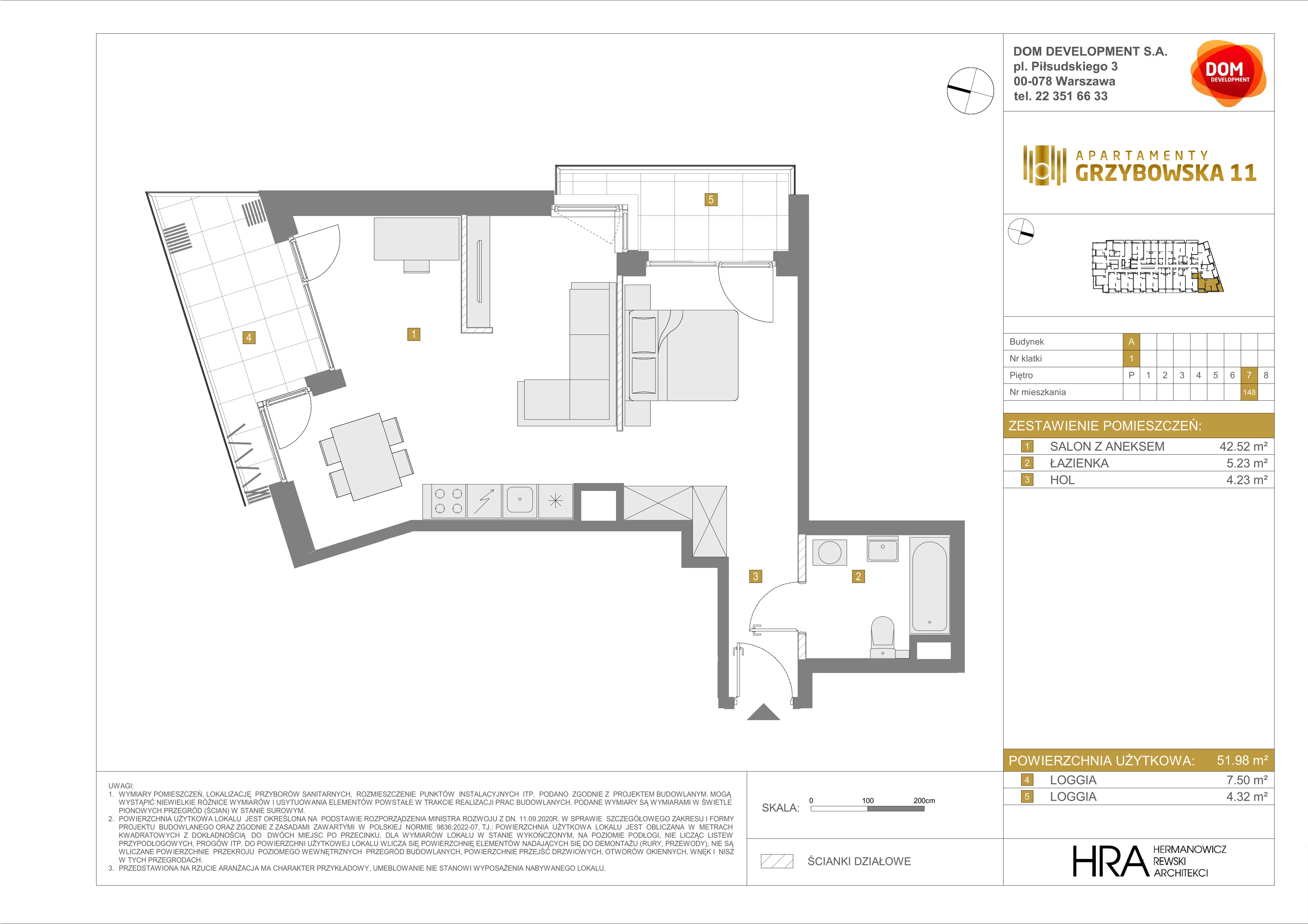 1 pokój, mieszkanie 51,98 m², piętro 7, oferta nr A/148, Apartamenty Grzybowska 11, Warszawa, Śródmieście, Śródmieście Północne, ul. Grzybowska 11