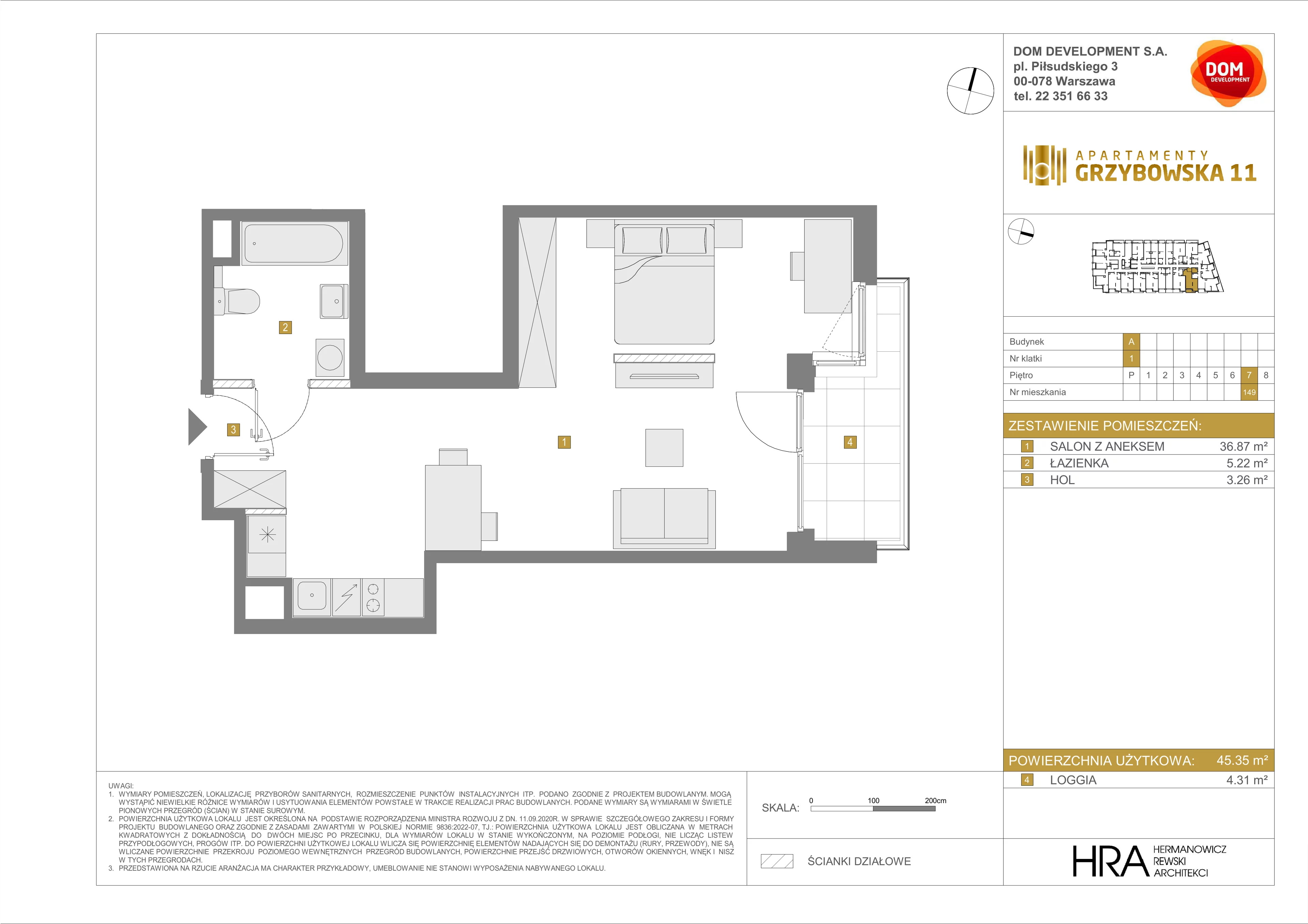 1 pokój, mieszkanie 45,35 m², piętro 7, oferta nr A/149, Apartamenty Grzybowska 11, Warszawa, Śródmieście, Śródmieście Północne, ul. Grzybowska 11