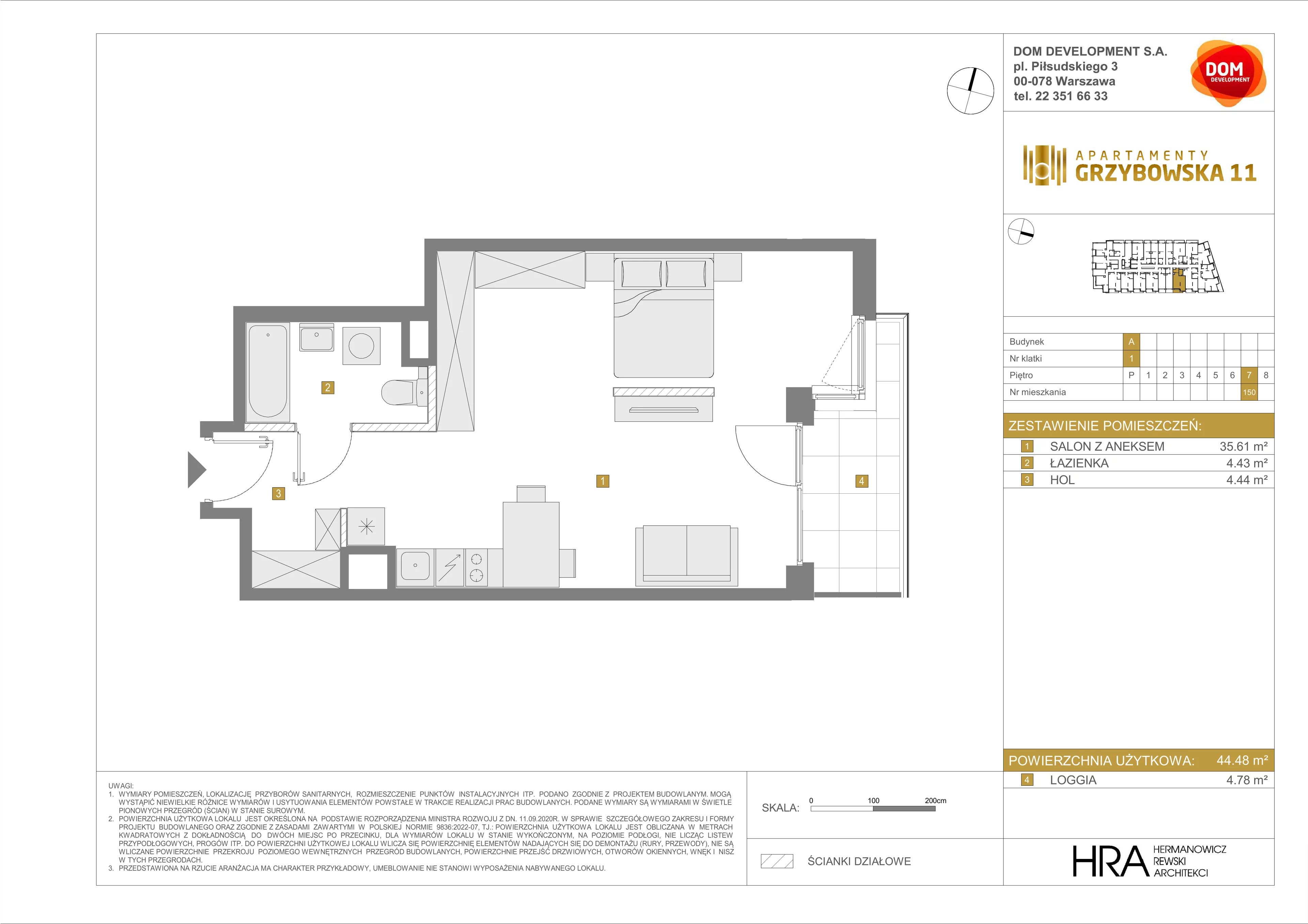 1 pokój, mieszkanie 44,48 m², piętro 7, oferta nr A/150, Apartamenty Grzybowska 11, Warszawa, Śródmieście, Śródmieście Północne, ul. Grzybowska 11