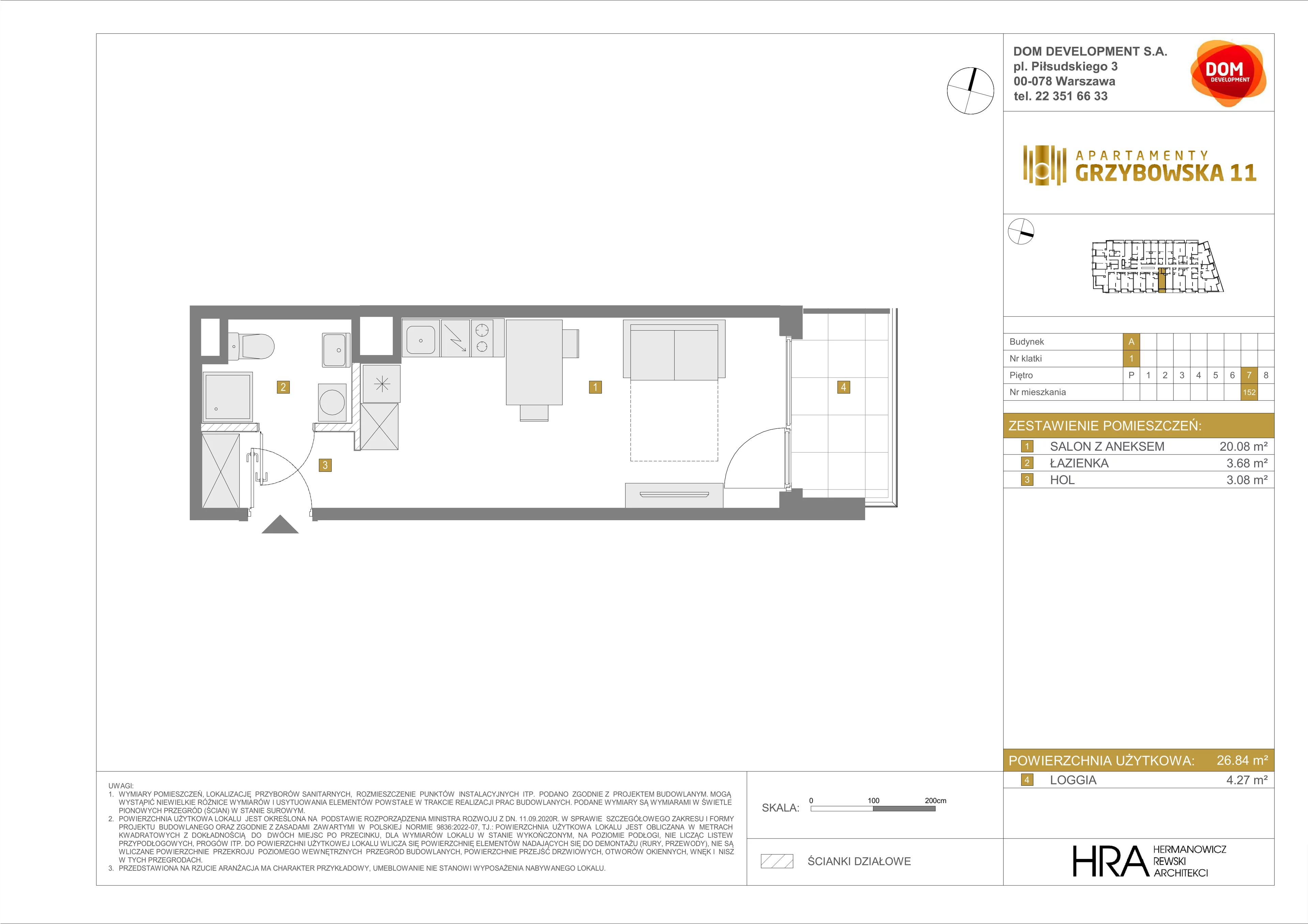 1 pokój, mieszkanie 26,84 m², piętro 7, oferta nr A/152, Apartamenty Grzybowska 11, Warszawa, Śródmieście, Śródmieście Północne, ul. Grzybowska 11