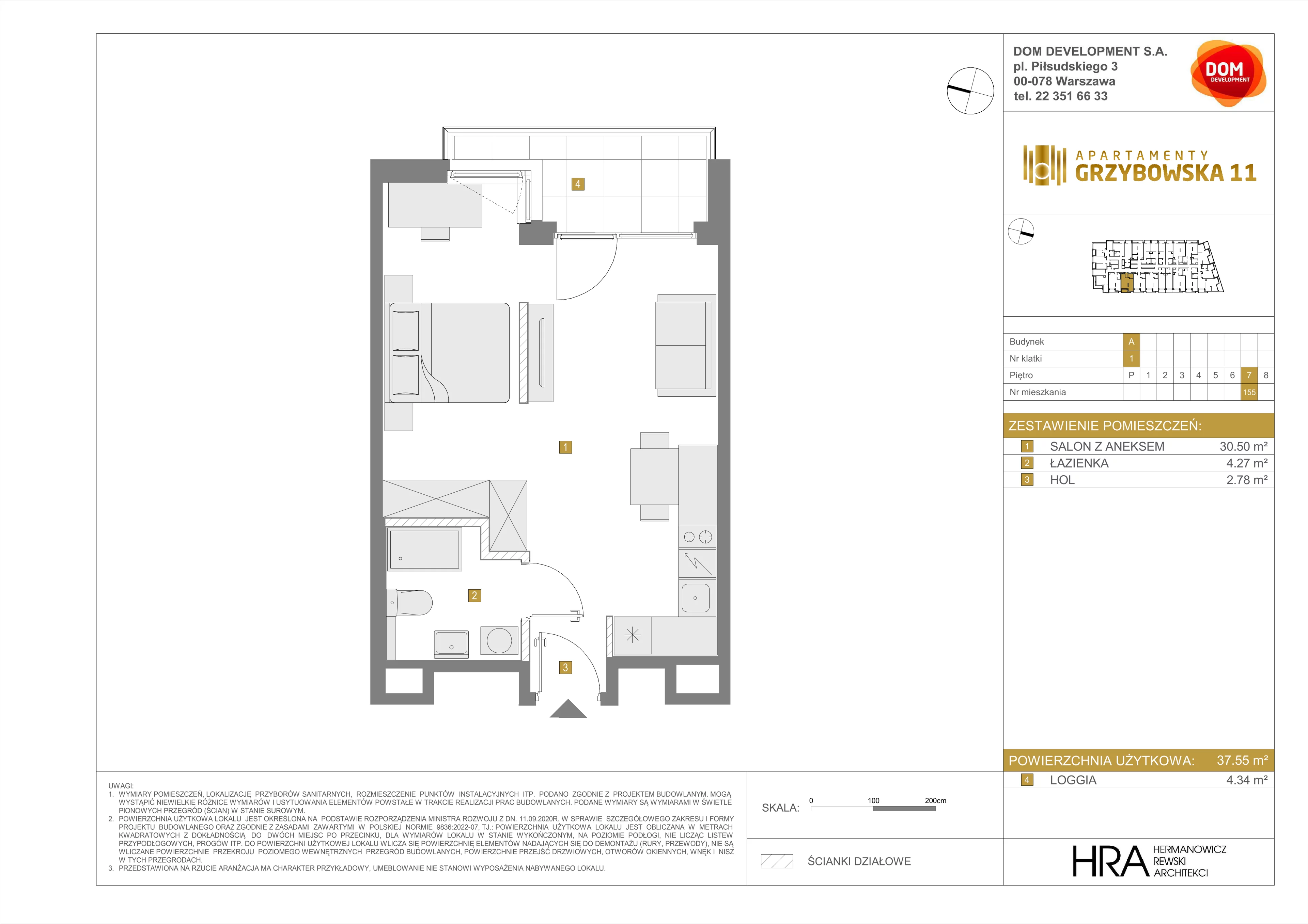 1 pokój, mieszkanie 37,55 m², piętro 7, oferta nr A/155, Apartamenty Grzybowska 11, Warszawa, Śródmieście, Śródmieście Północne, ul. Grzybowska 11