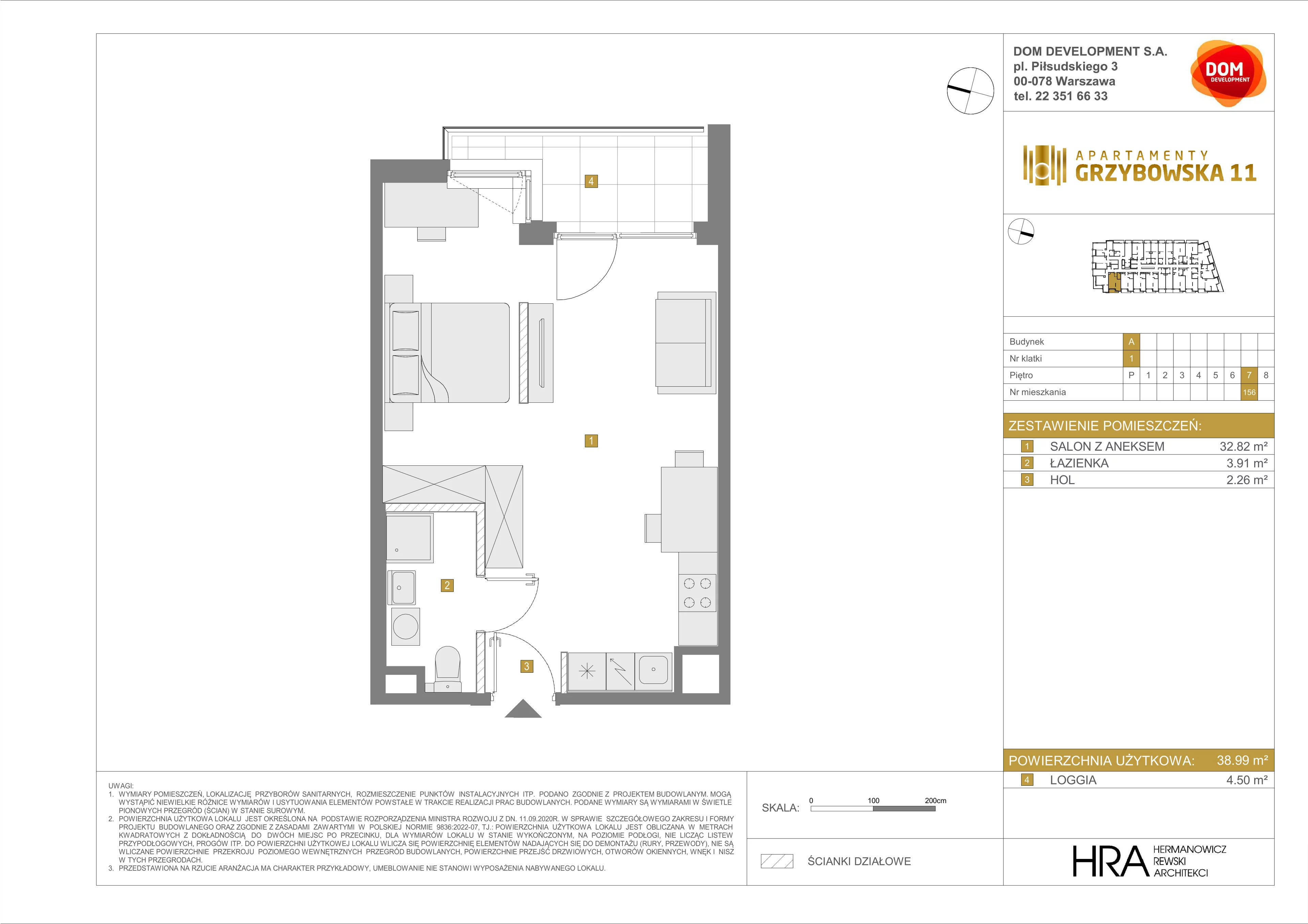 1 pokój, mieszkanie 38,99 m², piętro 7, oferta nr A/156, Apartamenty Grzybowska 11, Warszawa, Śródmieście, Śródmieście Północne, ul. Grzybowska 11