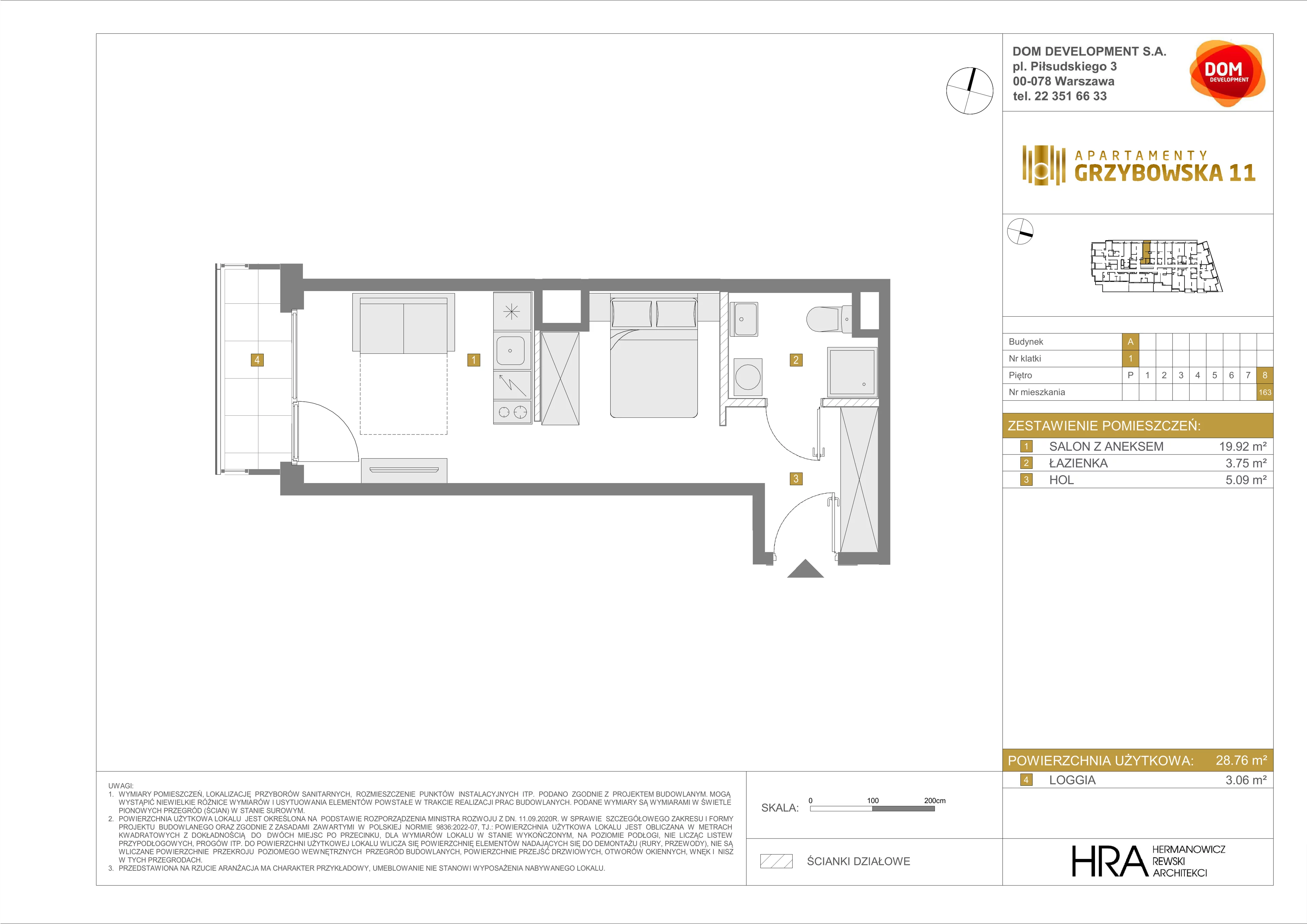 1 pokój, mieszkanie 28,75 m², piętro 8, oferta nr A/163, Apartamenty Grzybowska 11, Warszawa, Śródmieście, Śródmieście Północne, ul. Grzybowska 11