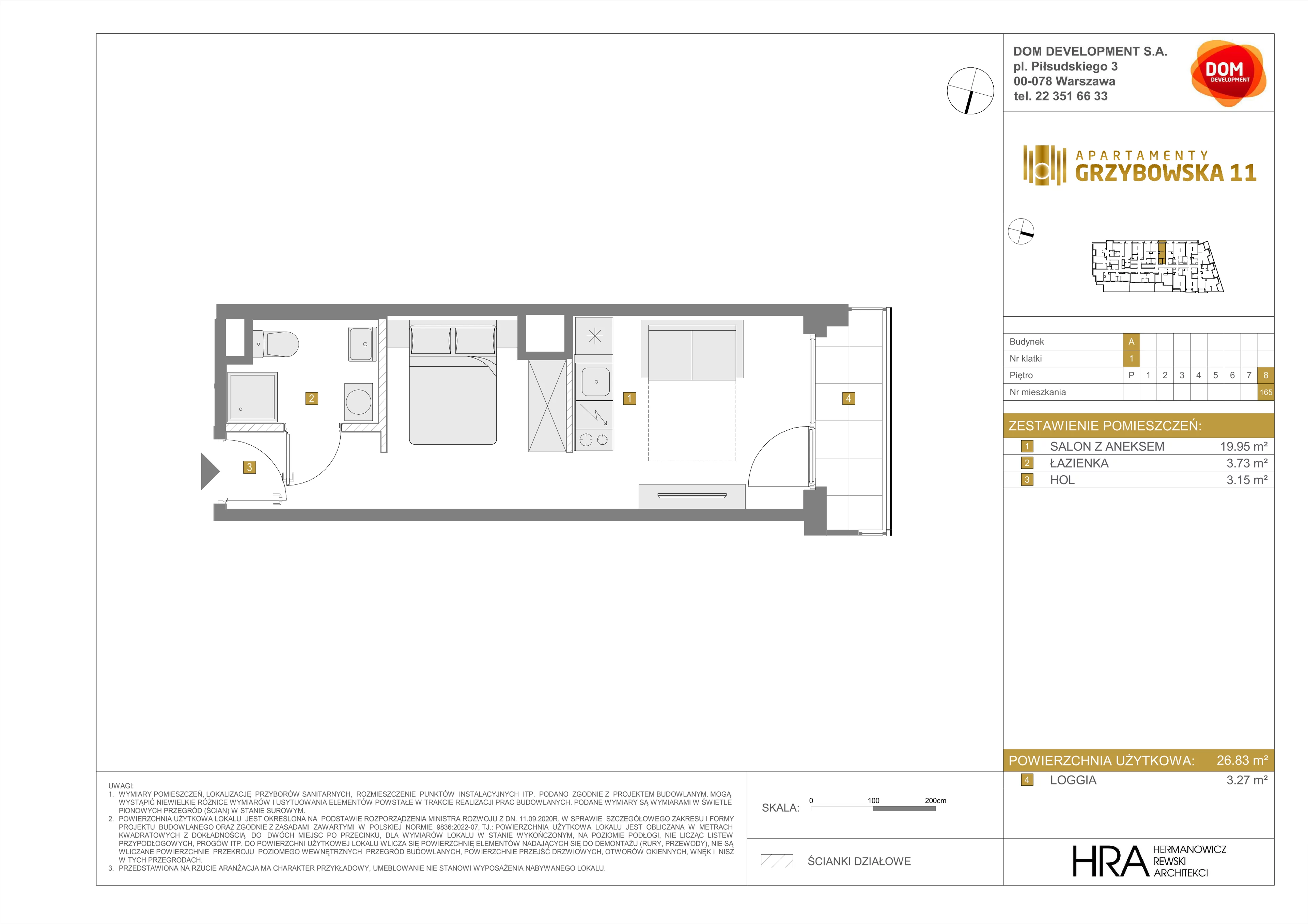 1 pokój, mieszkanie 26,83 m², piętro 8, oferta nr A/165, Apartamenty Grzybowska 11, Warszawa, Śródmieście, Śródmieście Północne, ul. Grzybowska 11