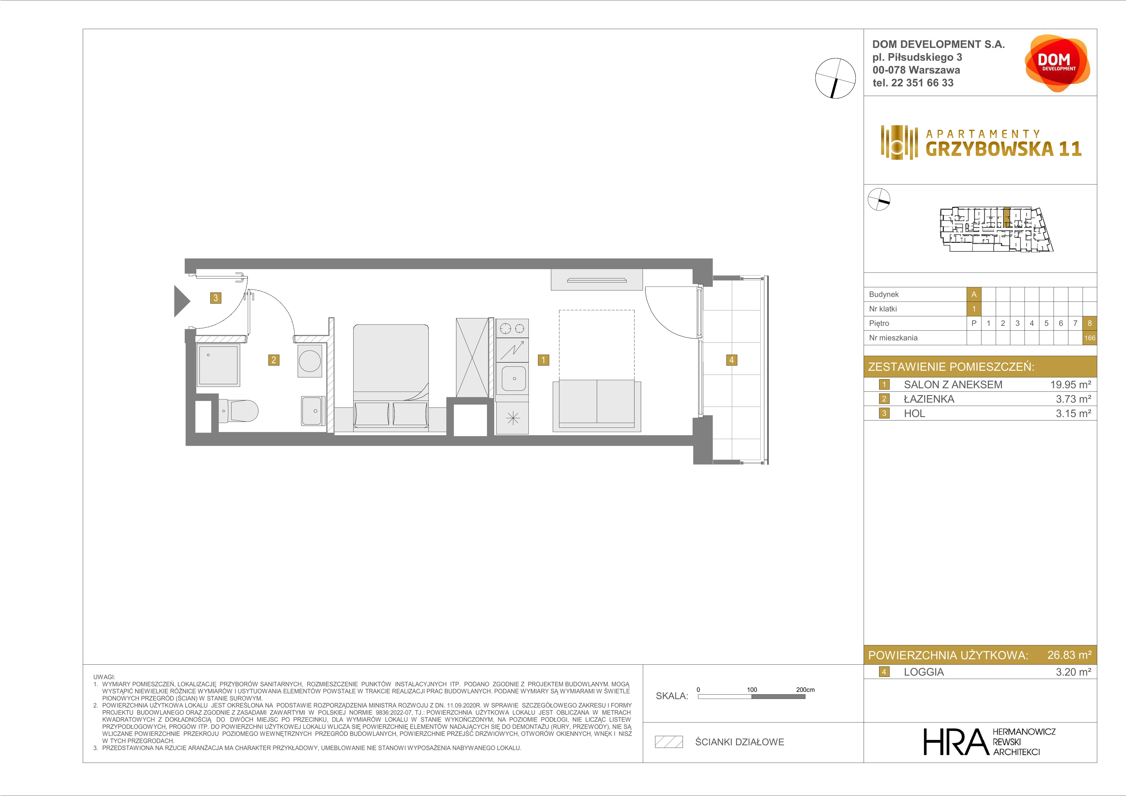 1 pokój, mieszkanie 26,83 m², piętro 8, oferta nr A/166, Apartamenty Grzybowska 11, Warszawa, Śródmieście, Śródmieście Północne, ul. Grzybowska 11