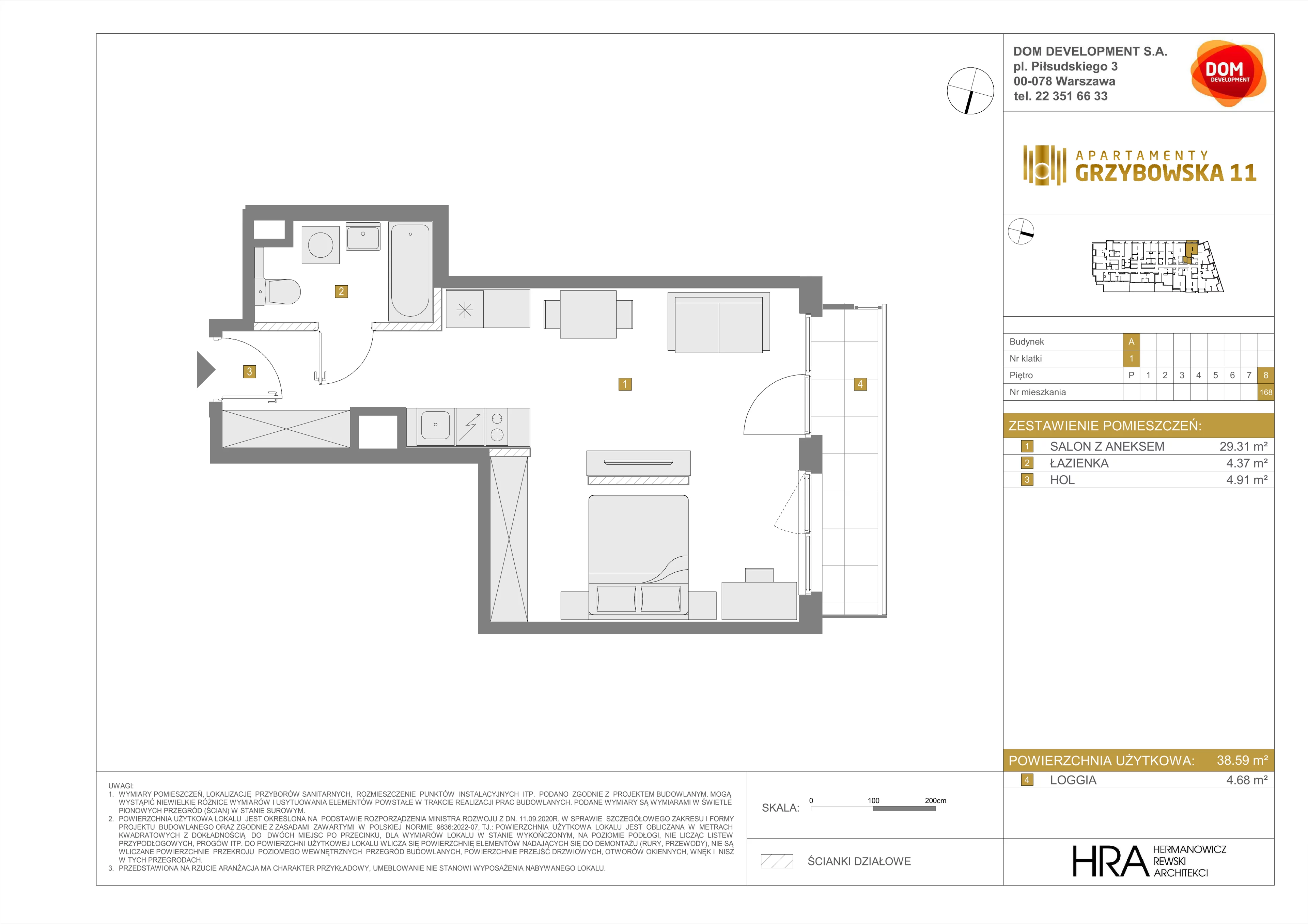 1 pokój, mieszkanie 38,59 m², piętro 8, oferta nr A/168, Apartamenty Grzybowska 11, Warszawa, Śródmieście, Śródmieście Północne, ul. Grzybowska 11