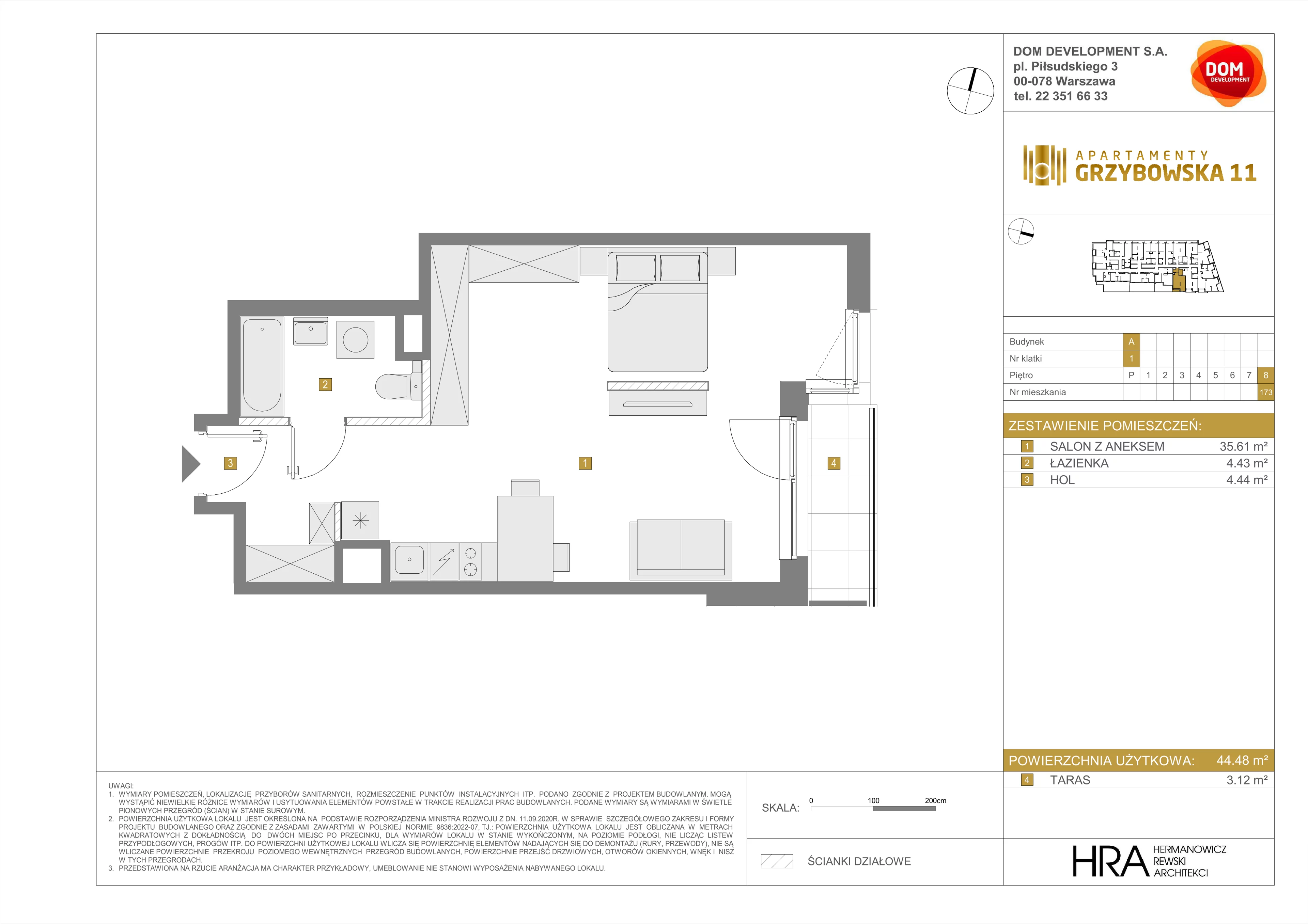 1 pokój, mieszkanie 44,48 m², piętro 8, oferta nr A/173, Apartamenty Grzybowska 11, Warszawa, Śródmieście, Śródmieście Północne, ul. Grzybowska 11
