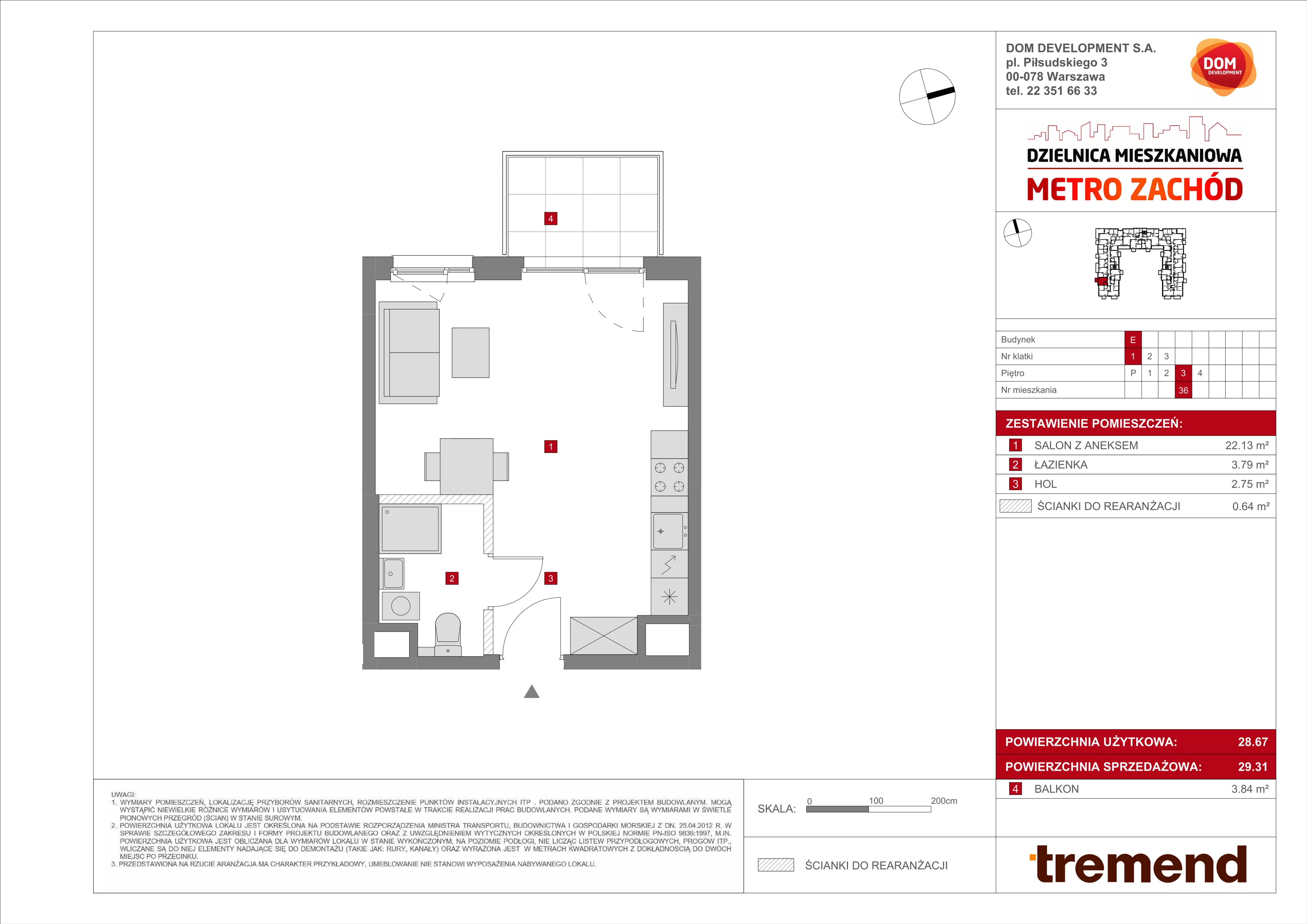 1 pokój, mieszkanie 29,31 m², piętro 3, oferta nr E/36, Metro Zachód 8 bud. E-H, Warszawa, Bemowo, Chrzanów, ul. Jana Heweliusza