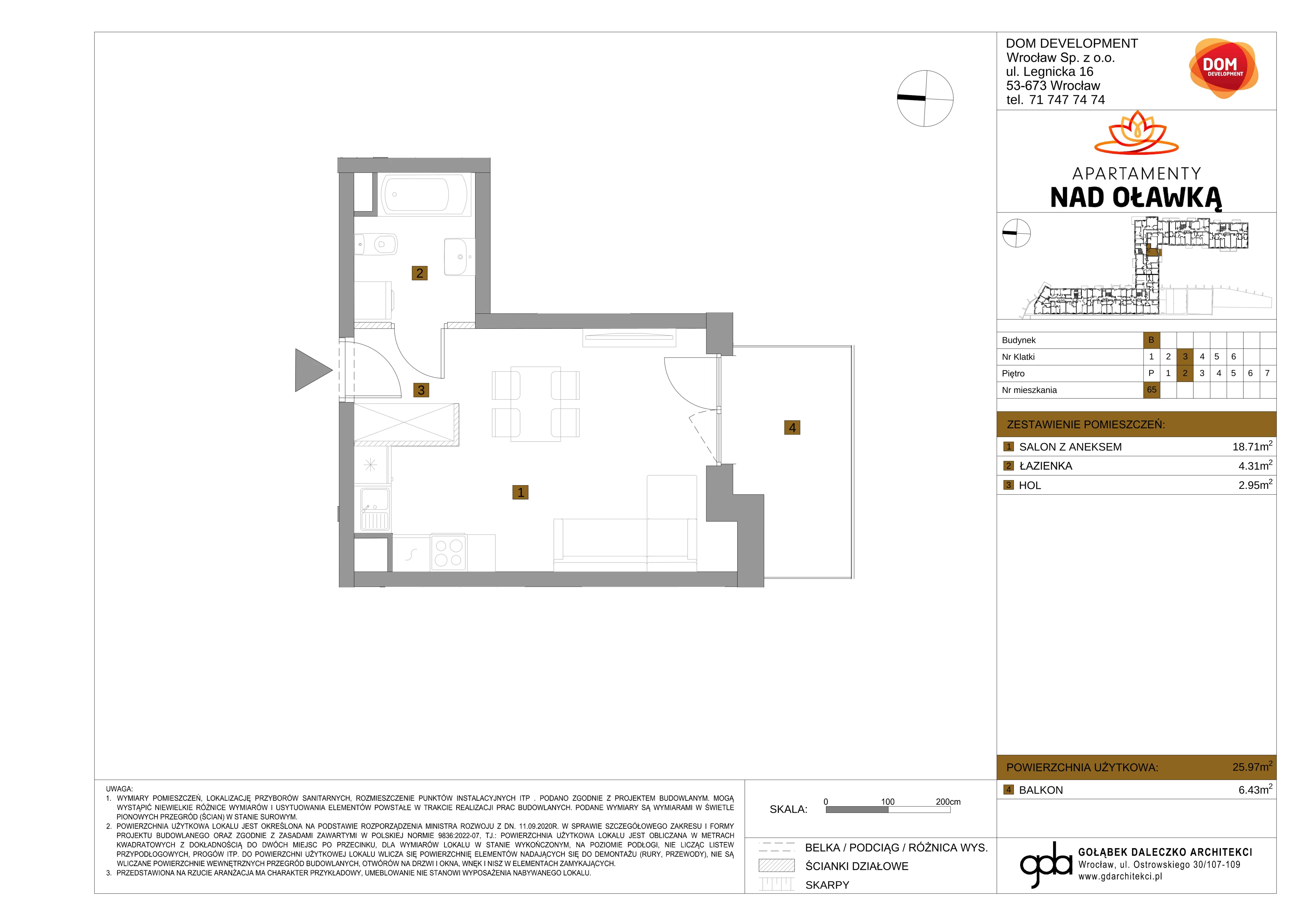 1 pokój, mieszkanie 25,97 m², piętro 2, oferta nr B/65, Apartamenty nad Oławką 2, Wrocław, Przedmieście Oławskie, Krzyki, ul. Krakowska 98a