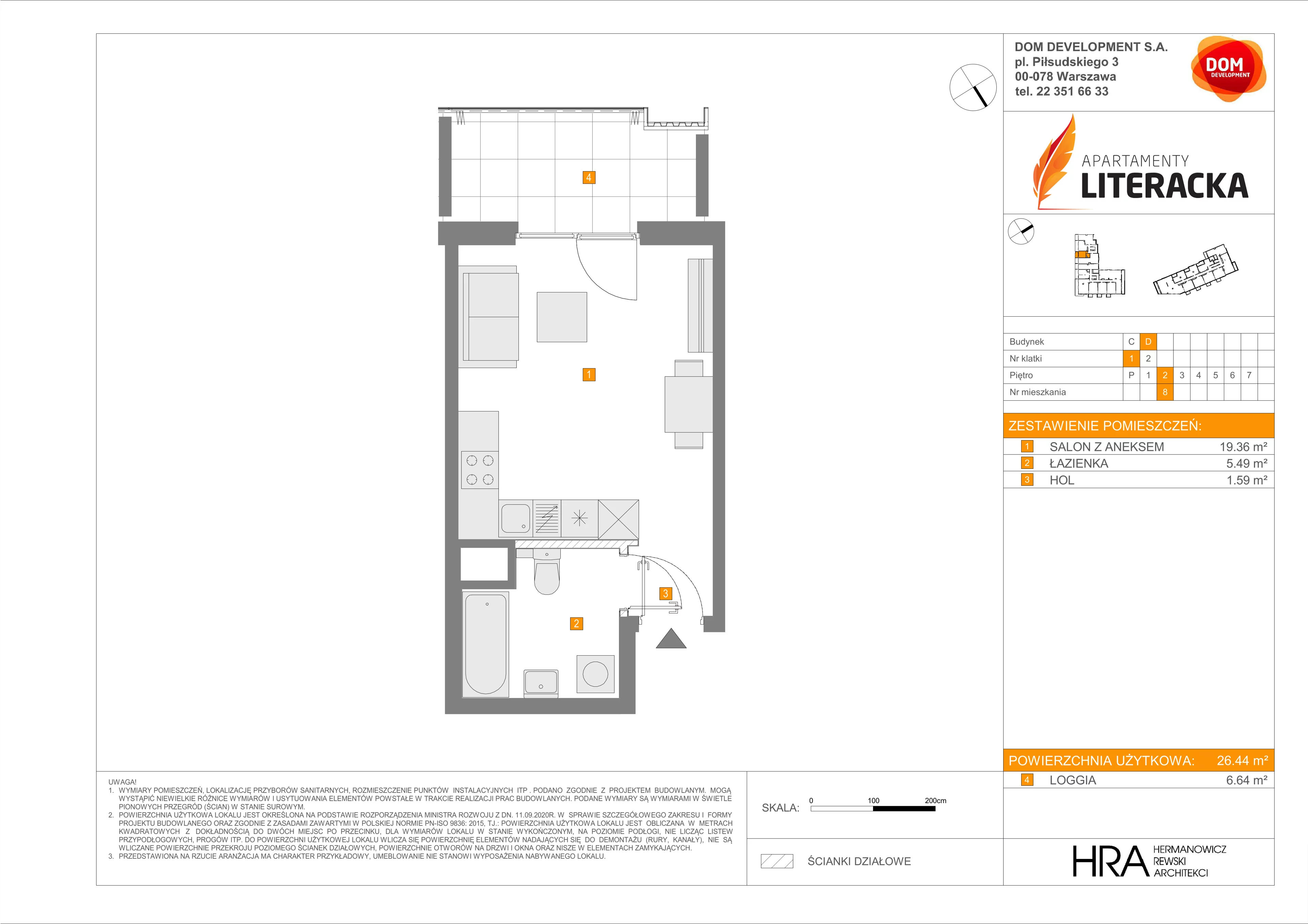 1 pokój, mieszkanie 26,44 m², piętro 2, oferta nr D/8, Apartamenty Literacka 2, Warszawa, Bielany, Piaski, ul. Literacka