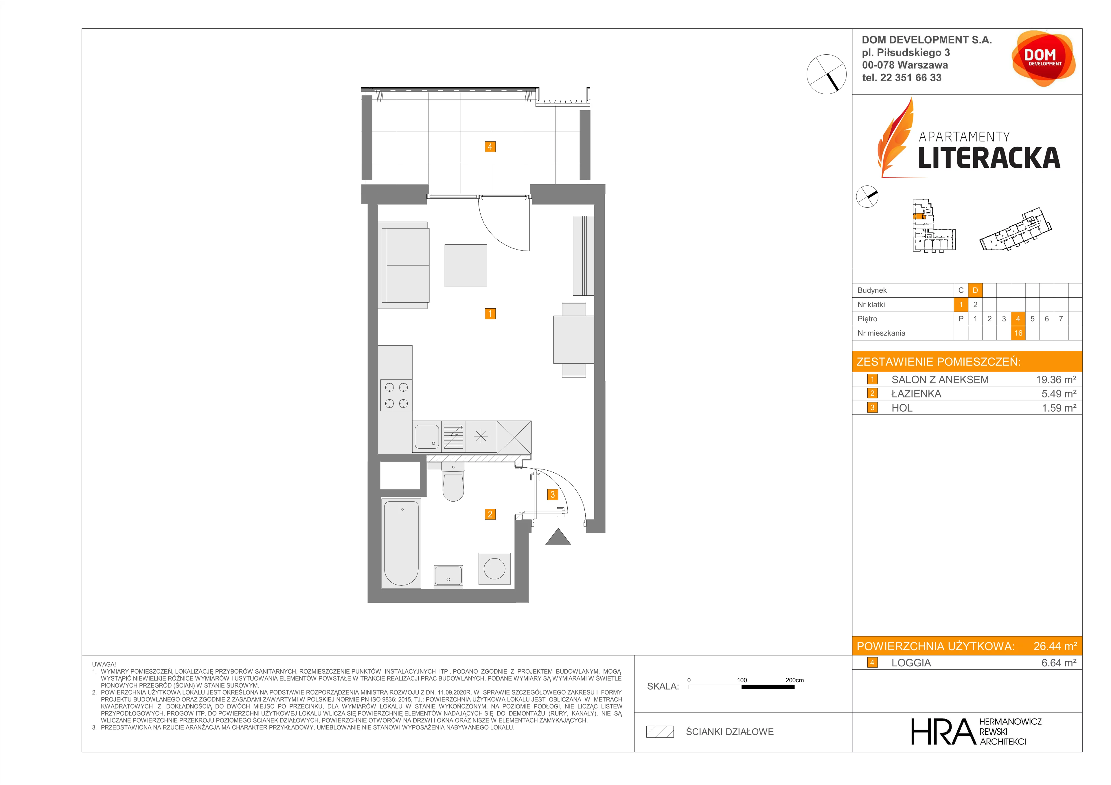 1 pokój, mieszkanie 26,44 m², piętro 4, oferta nr D/16, Apartamenty Literacka 2, Warszawa, Bielany, Piaski, ul. Literacka