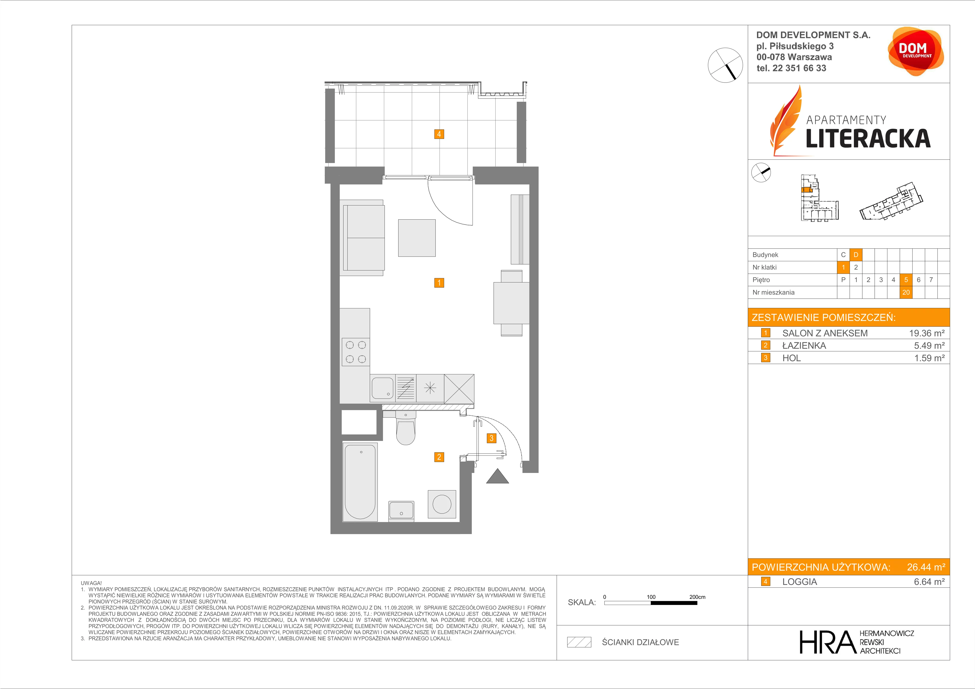 1 pokój, mieszkanie 26,44 m², piętro 5, oferta nr D/20, Apartamenty Literacka 2, Warszawa, Bielany, Piaski, ul. Literacka