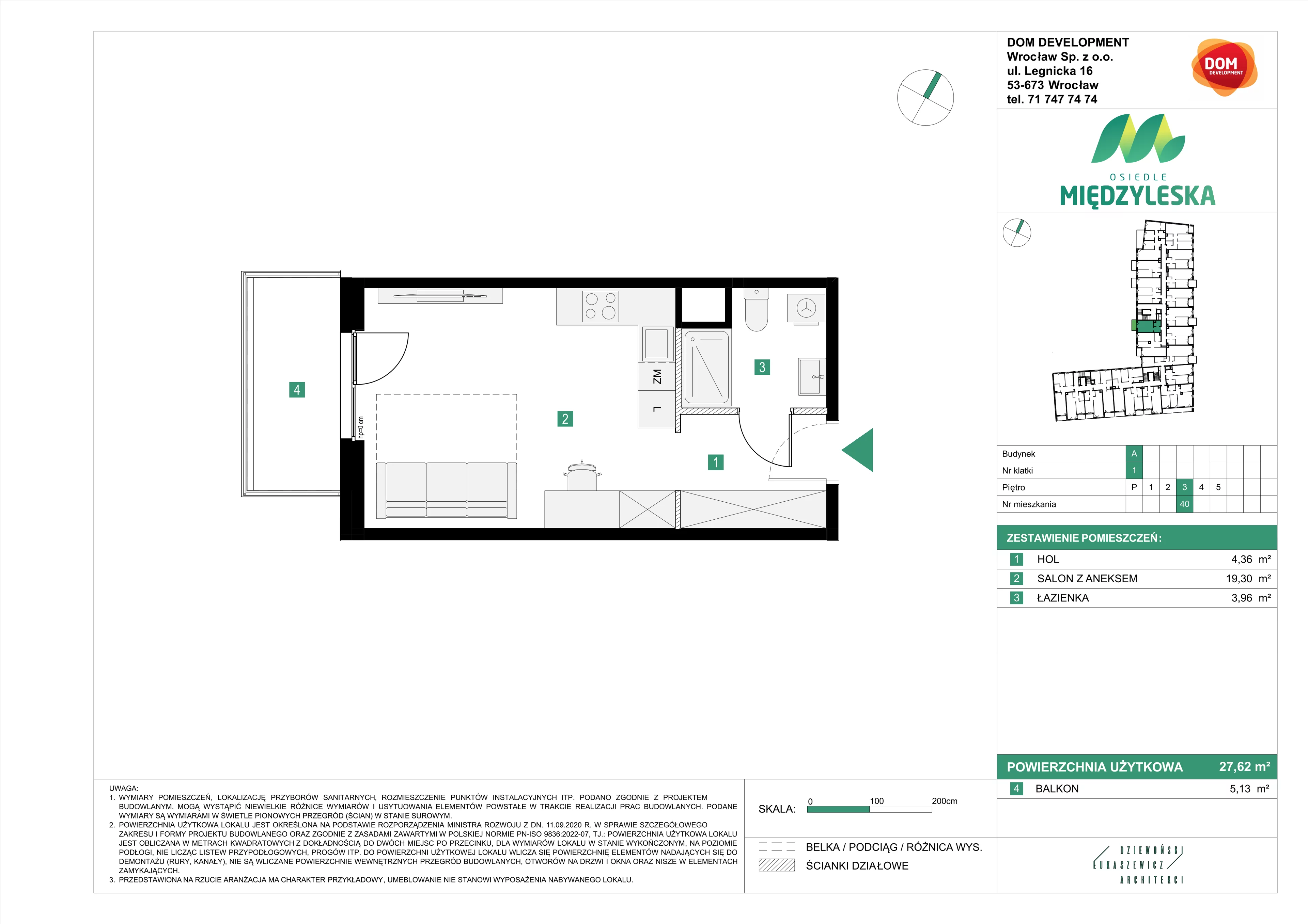 1 pokój, mieszkanie 27,62 m², piętro 3, oferta nr A/40, Osiedle Międzyleska, Wrocław, Tarnogaj, Krzyki, ul. Międzyleska 6b