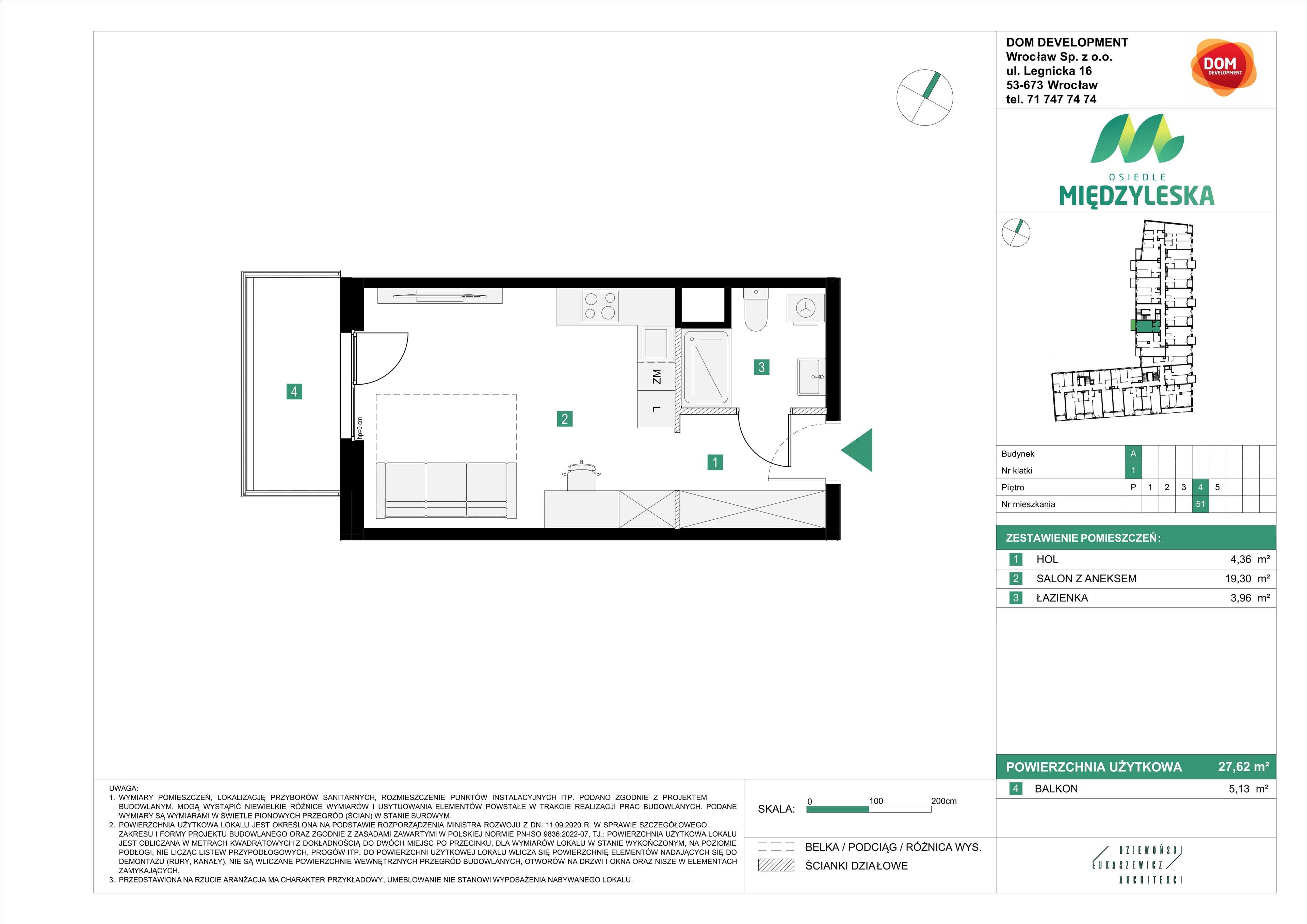 1 pokój, mieszkanie 27,62 m², piętro 4, oferta nr A/51, Osiedle Międzyleska, Wrocław, Tarnogaj, Krzyki, ul. Międzyleska 6b