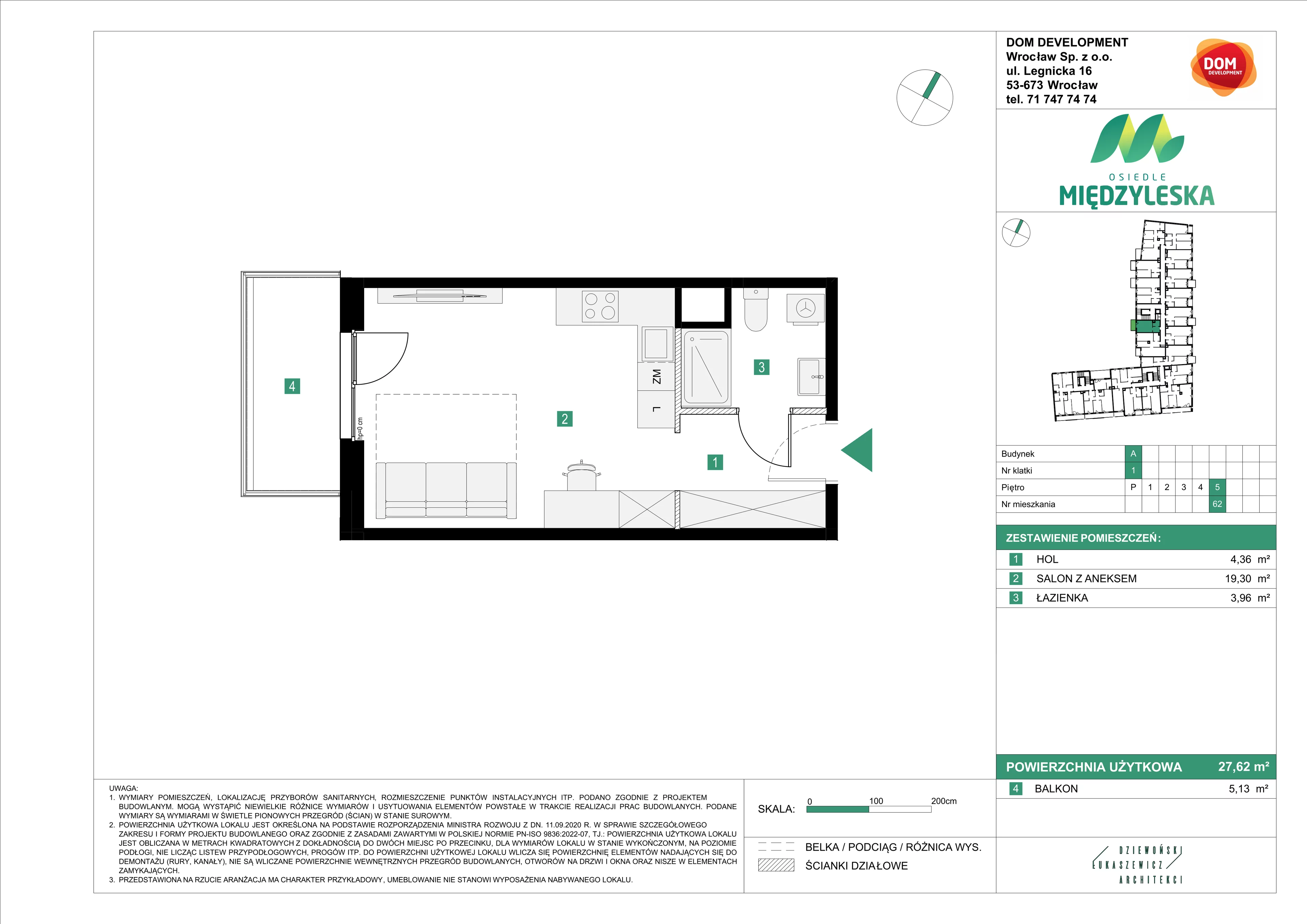 1 pokój, mieszkanie 27,62 m², piętro 5, oferta nr A/62, Osiedle Międzyleska, Wrocław, Tarnogaj, Krzyki, ul. Międzyleska 6b