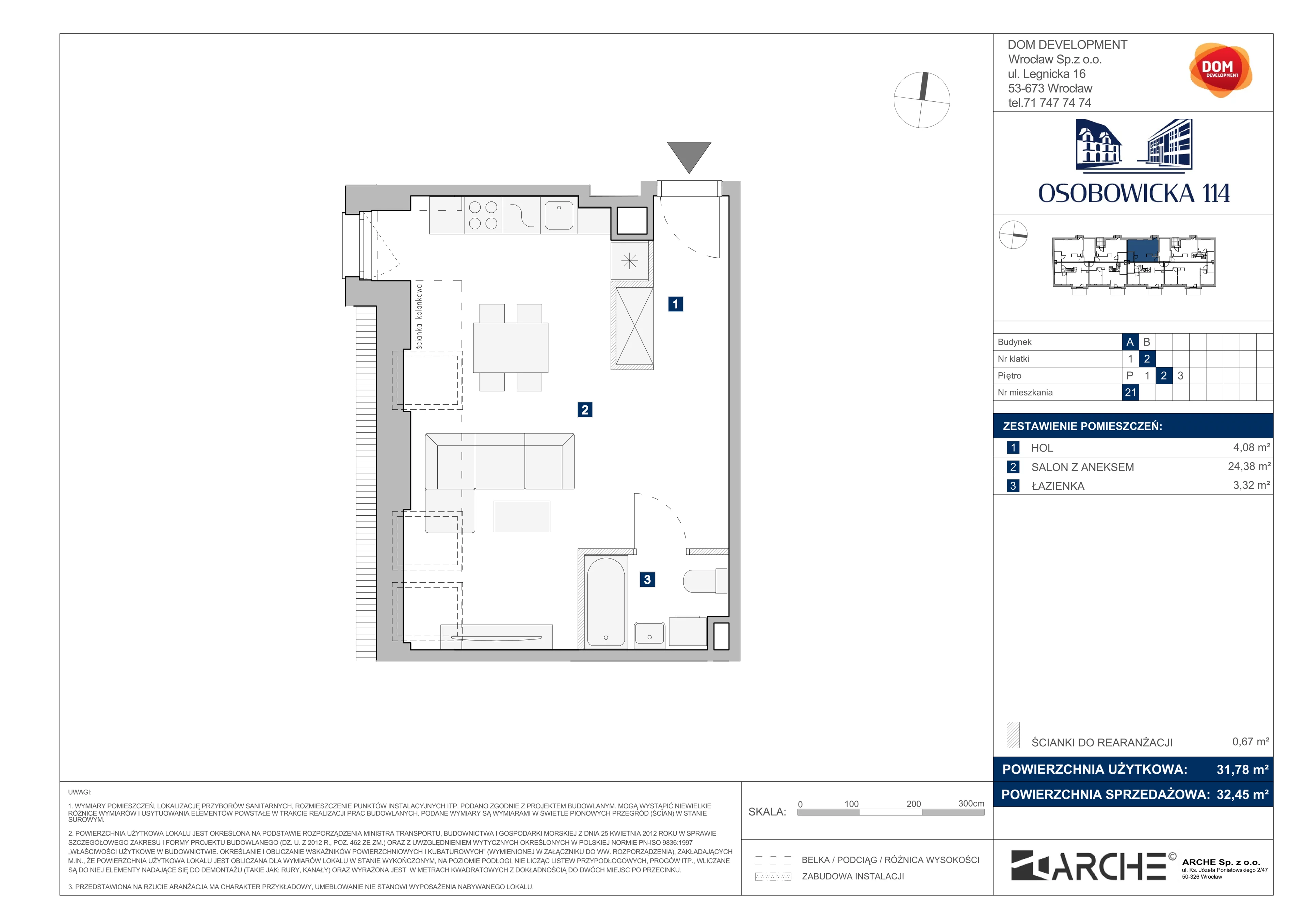1 pokój, mieszkanie 32,45 m², piętro 2, oferta nr A/21, Osobowicka 114, Wrocław, Osobowice-Rędzin, Fabryczna, ul. Osobowicka 114