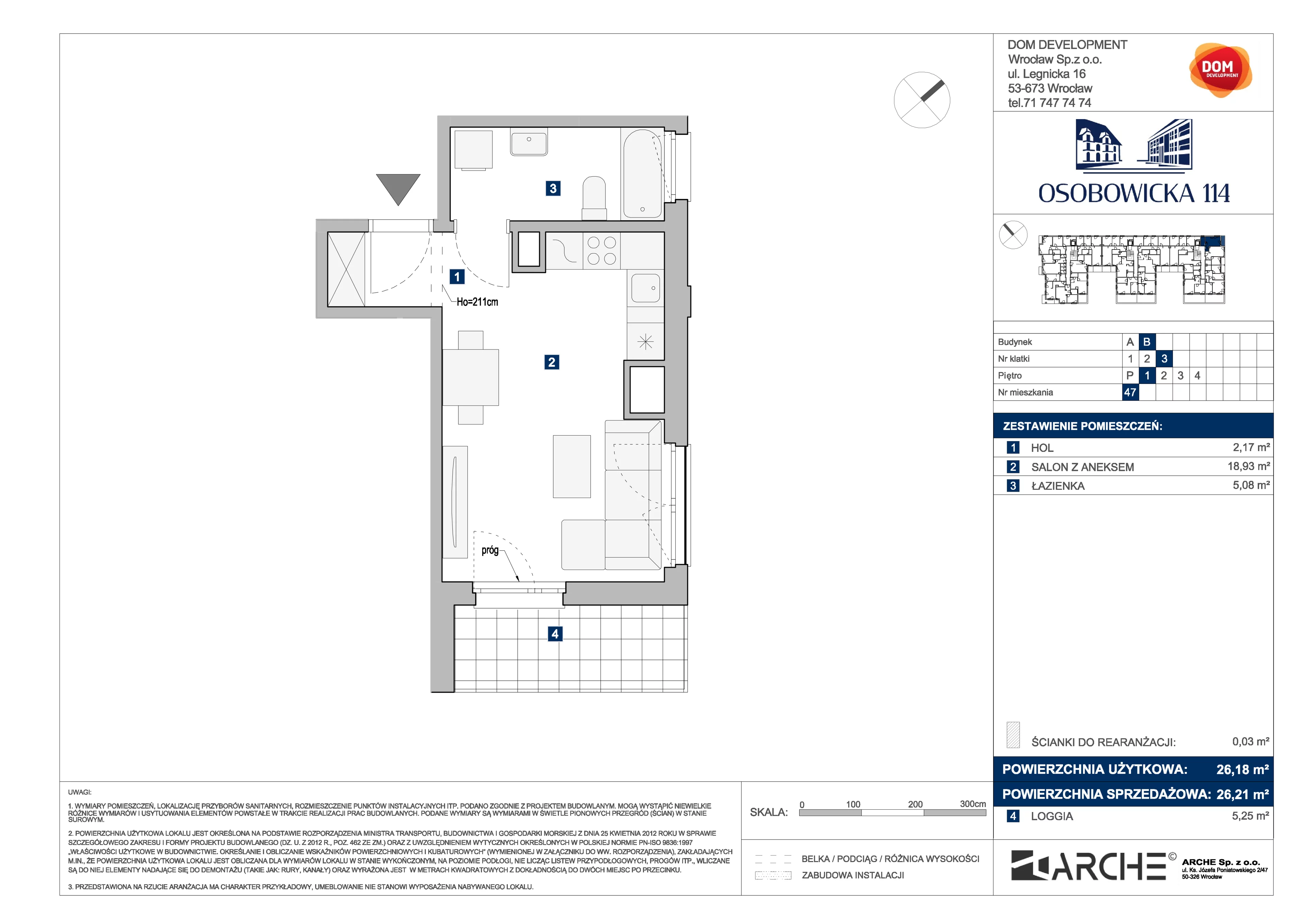 1 pokój, mieszkanie 26,21 m², piętro 1, oferta nr B/47, Osobowicka 114, Wrocław, Osobowice-Rędzin, Fabryczna, ul. Osobowicka 114