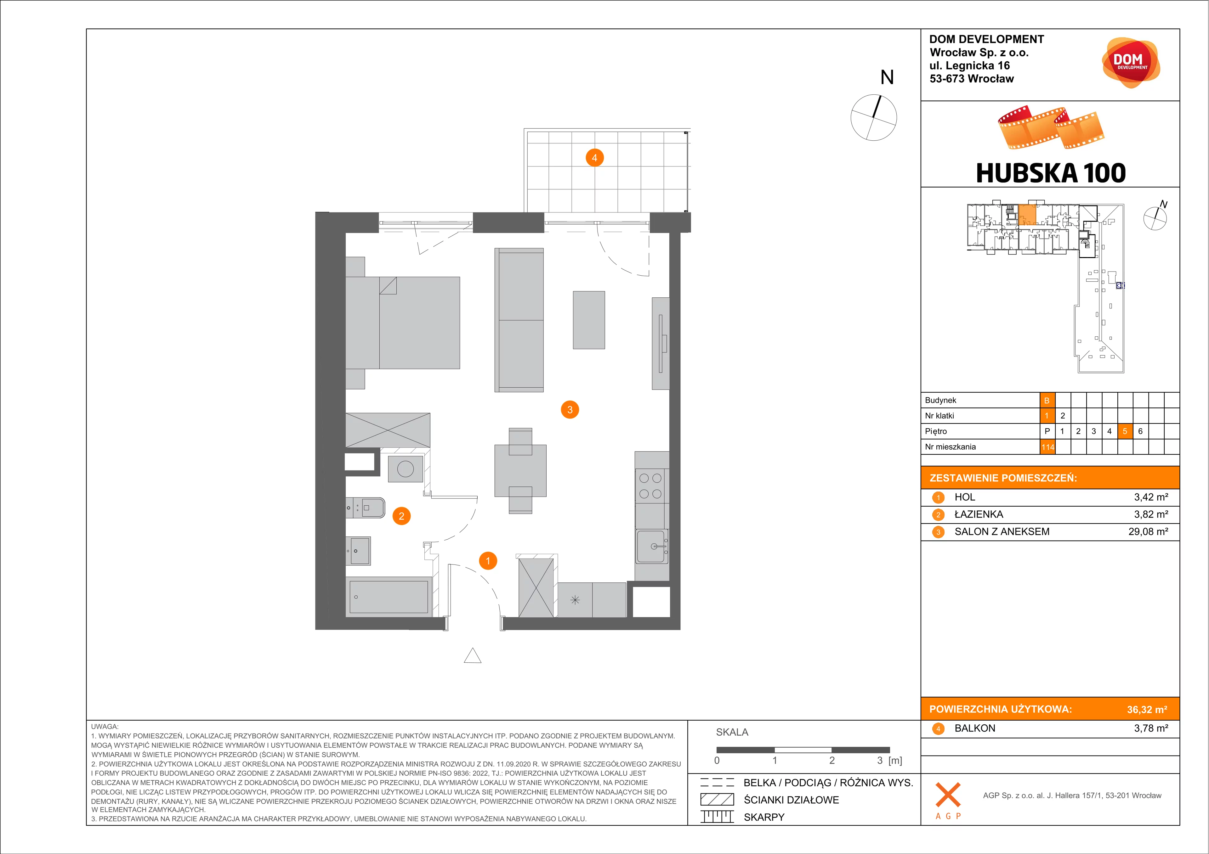 1 pokój, mieszkanie 36,32 m², piętro 5, oferta nr B/114, Hubska 100, Wrocław, Huby, Krzyki, ul. Paczkowska