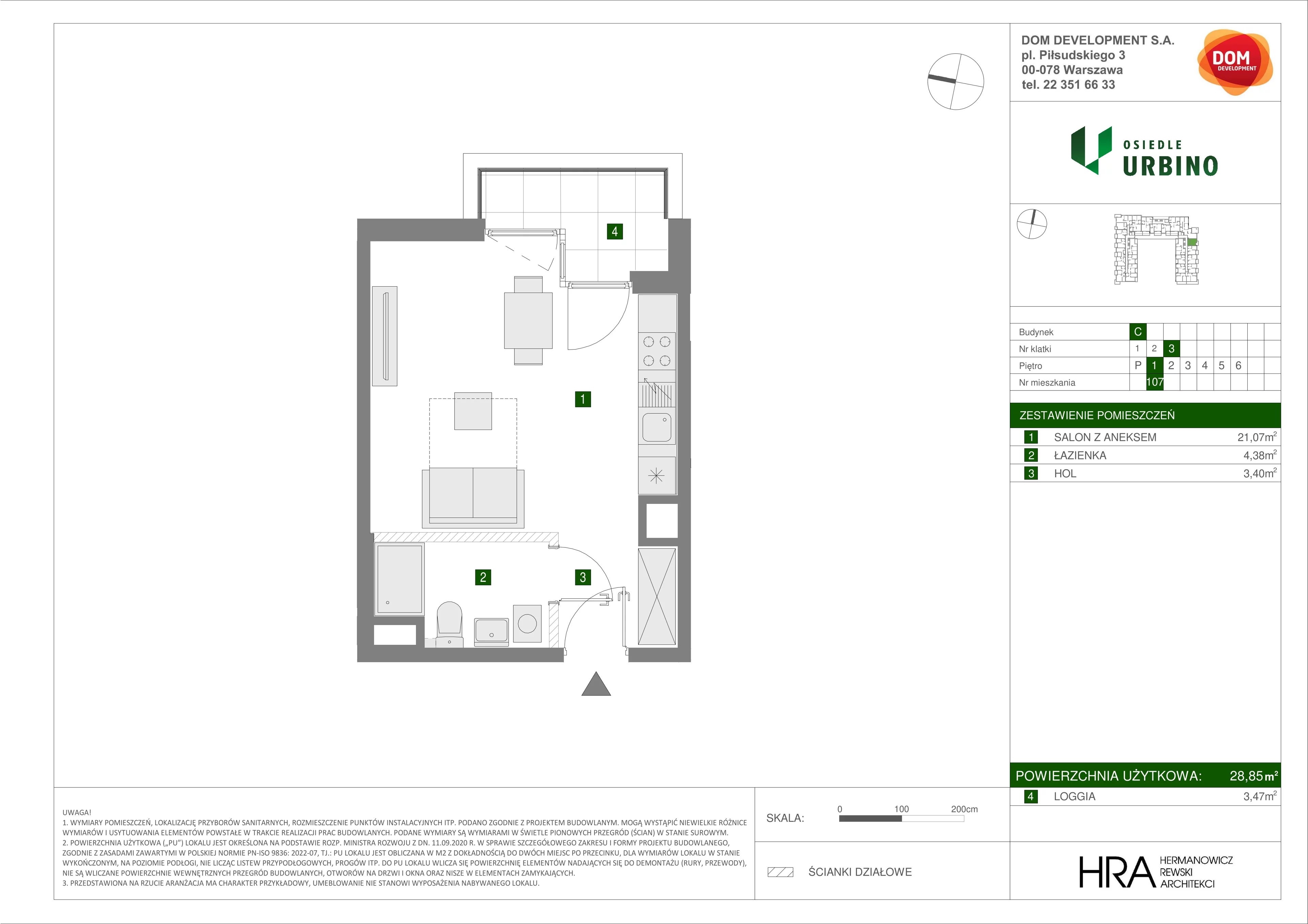 Mieszkanie 28,85 m², piętro 1, oferta nr C/107, Osiedle Urbino 1.3, Warszawa, Włochy, Raków, ul. Równoległa 16