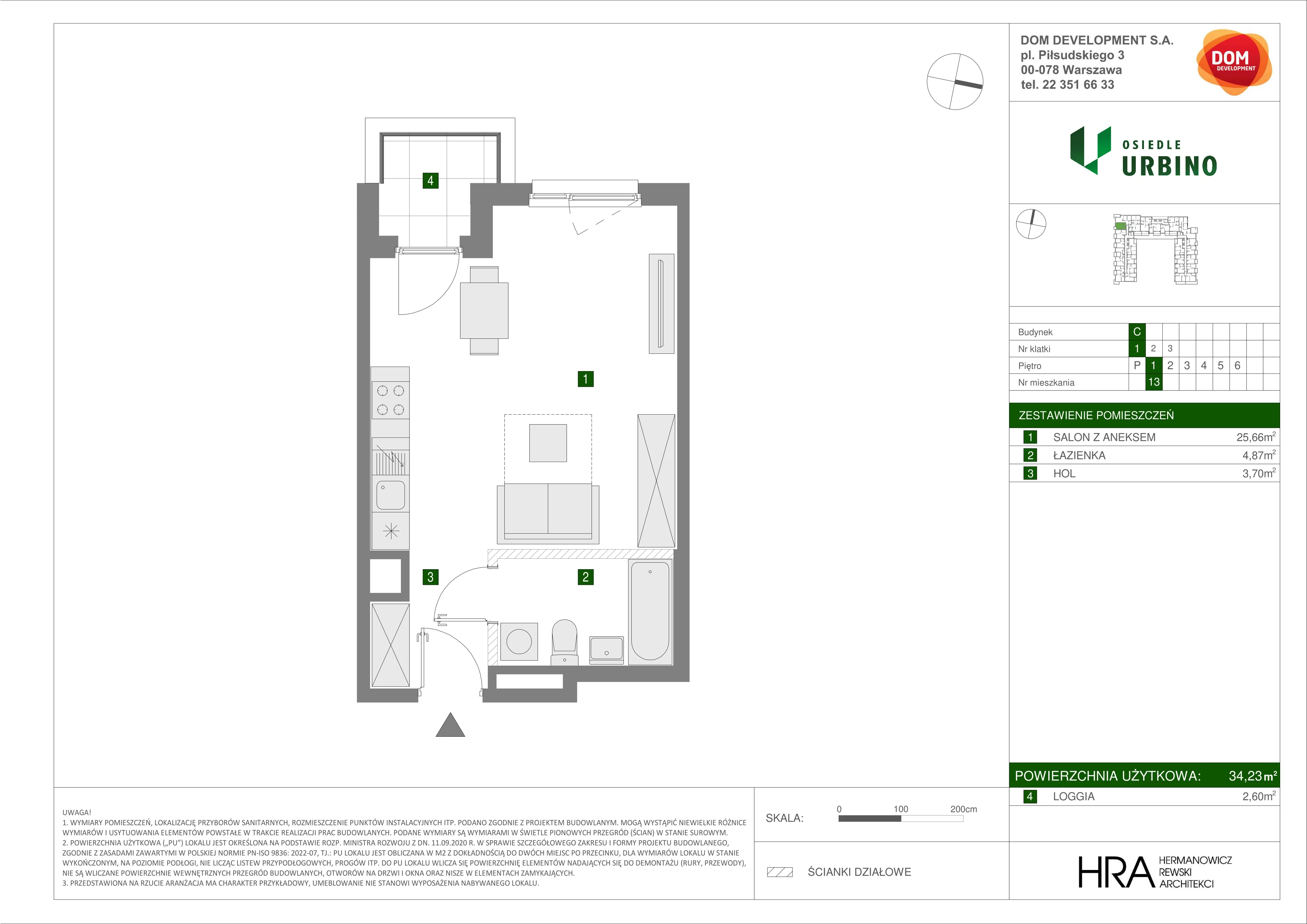 Mieszkanie 34,23 m², piętro 1, oferta nr C/13, Osiedle Urbino 1.3, Warszawa, Włochy, Raków, ul. Równoległa 16