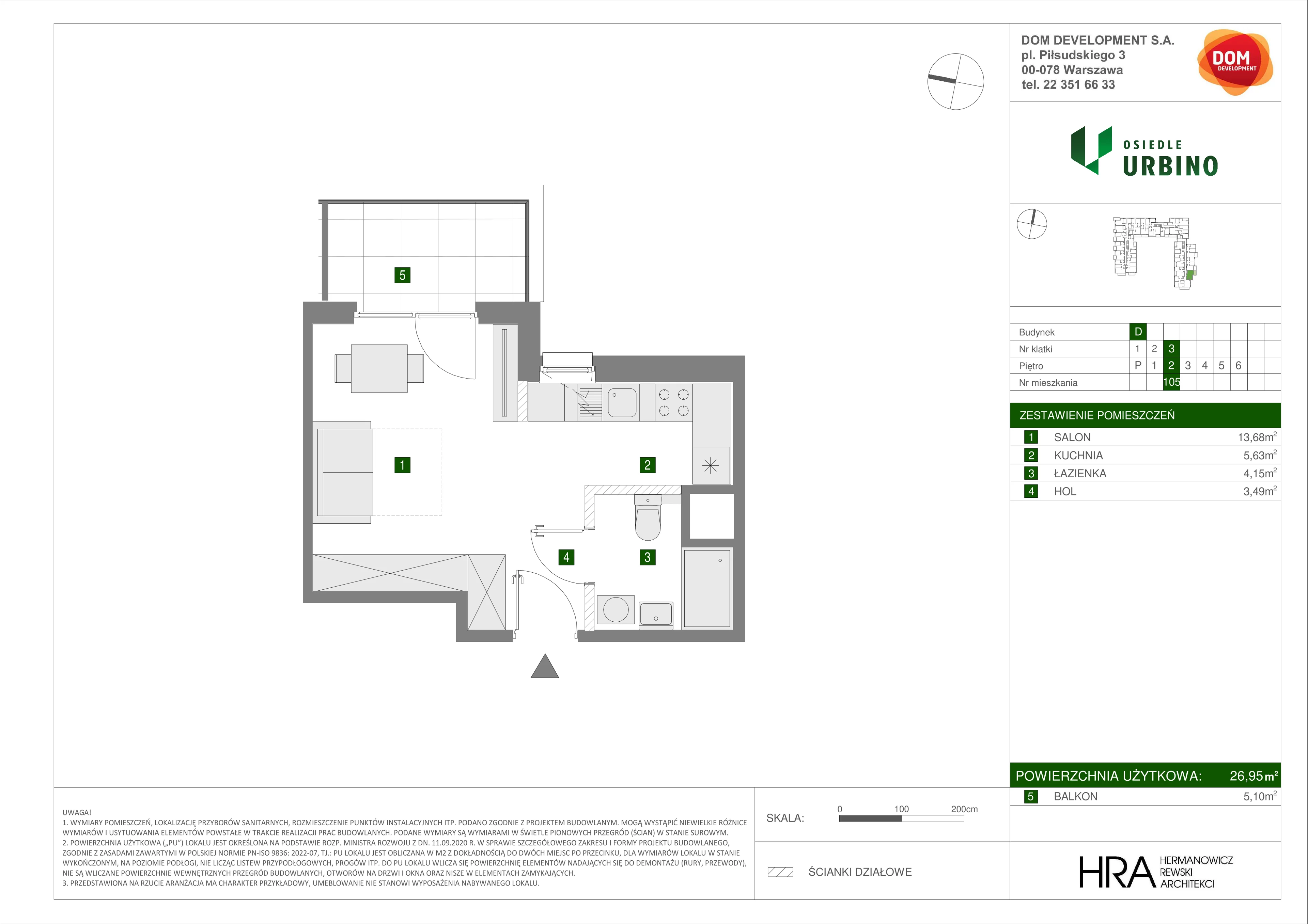 1 pokój, mieszkanie 26,95 m², piętro 2, oferta nr D/105, Osiedle Urbino 1.4, Warszawa, Włochy, Raków, ul. Równoległa