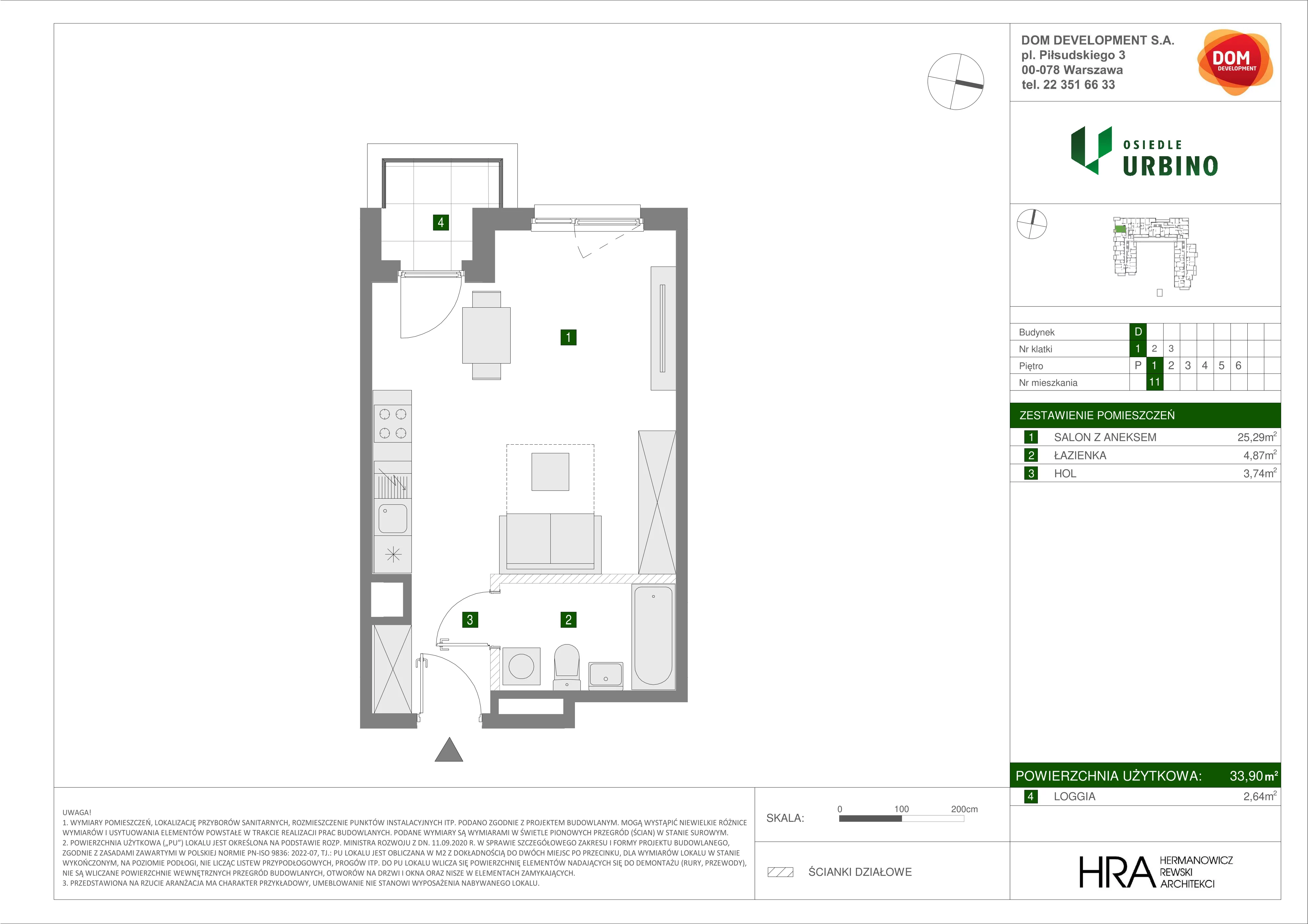 1 pokój, mieszkanie 33,90 m², piętro 1, oferta nr D/11, Osiedle Urbino 1.4, Warszawa, Włochy, Raków, ul. Równoległa