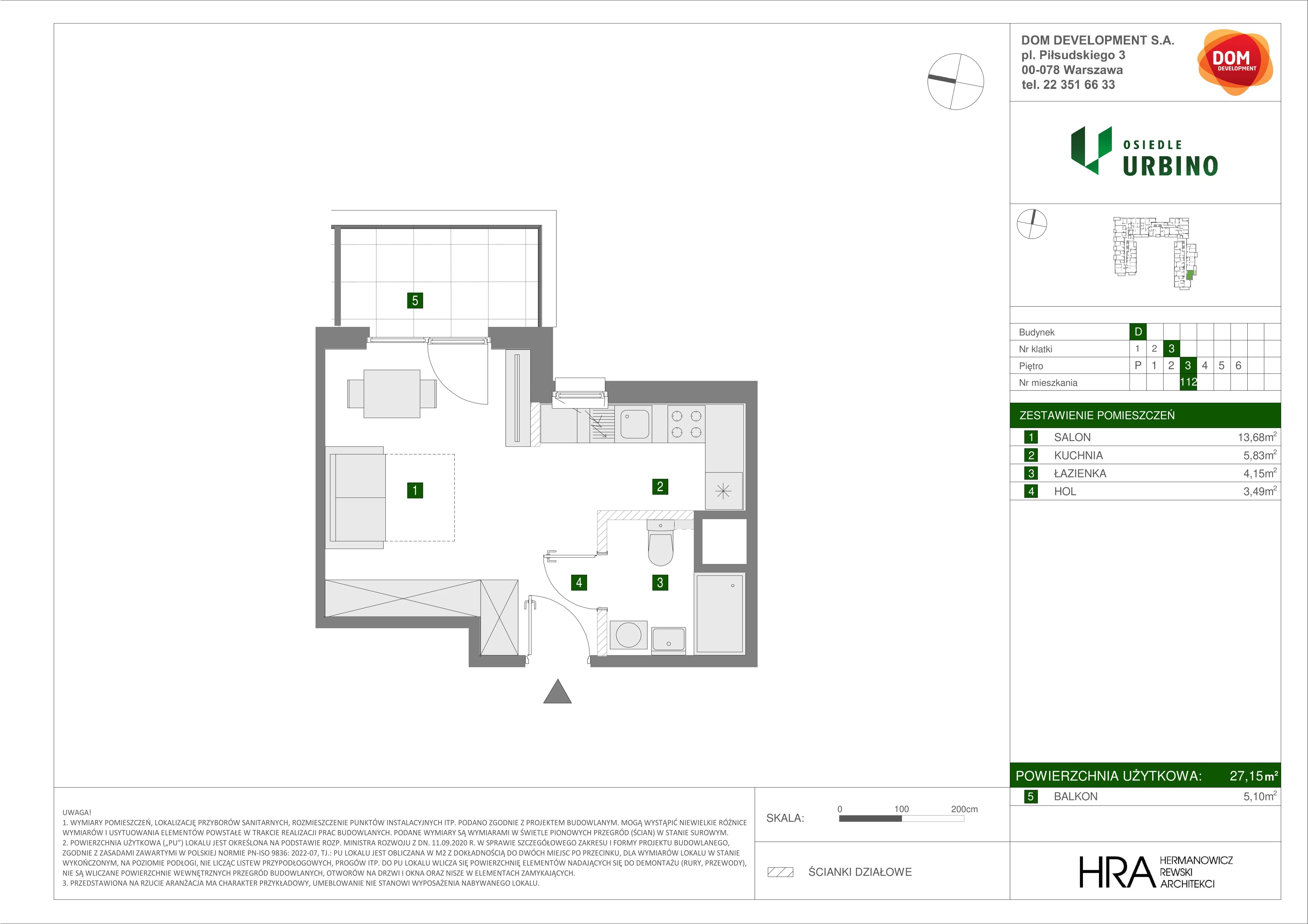 1 pokój, mieszkanie 27,15 m², piętro 3, oferta nr D/112, Osiedle Urbino 1.4, Warszawa, Włochy, Raków, ul. Równoległa