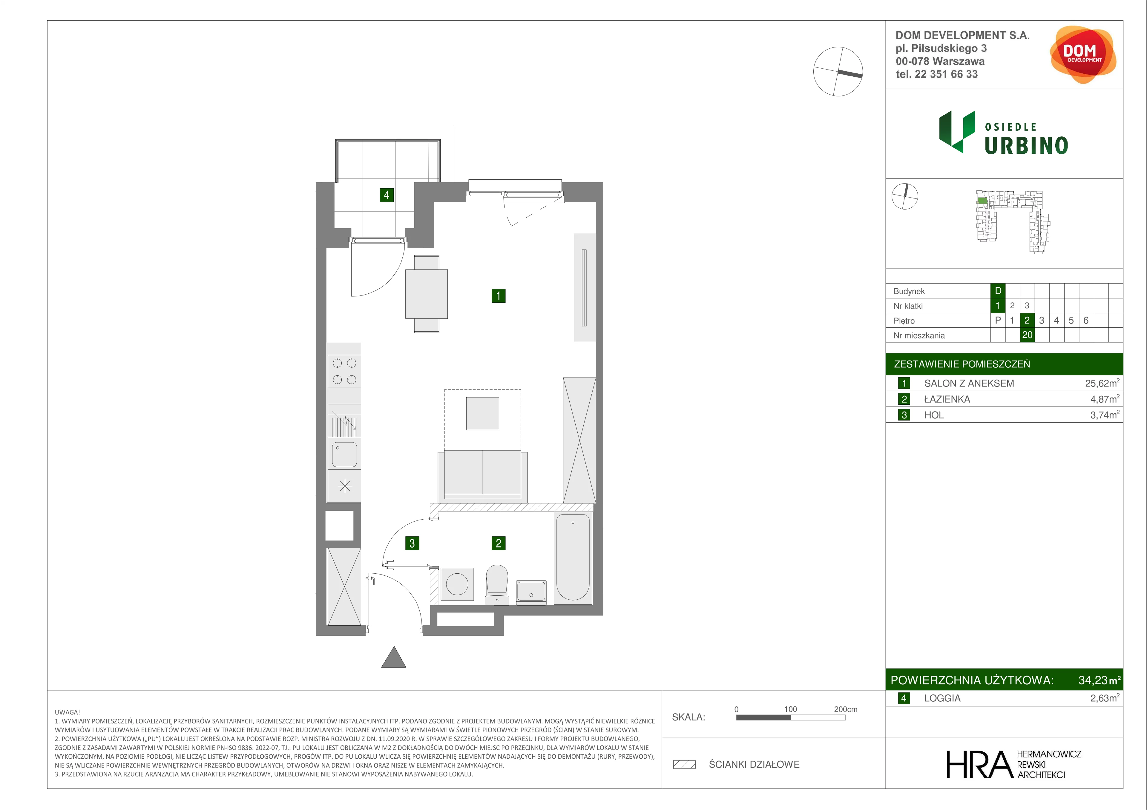 1 pokój, mieszkanie 34,23 m², piętro 2, oferta nr D/20, Osiedle Urbino 1.4, Warszawa, Włochy, Raków, ul. Równoległa