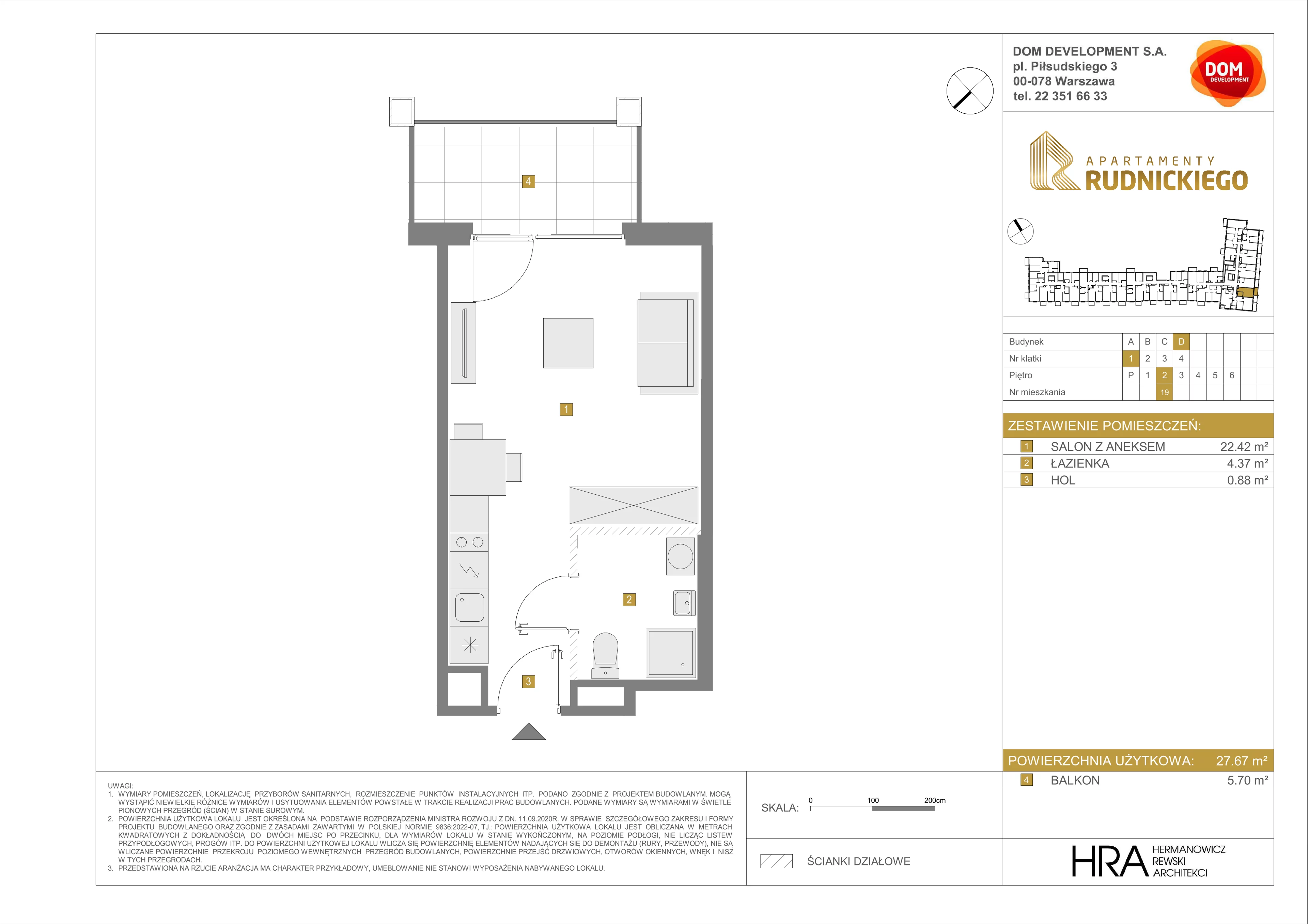1 pokój, mieszkanie 27,67 m², piętro 2, oferta nr D/19, Apartamenty Rudnickiego, Warszawa, Bielany, Piaski, ul. Rudnickiego 7