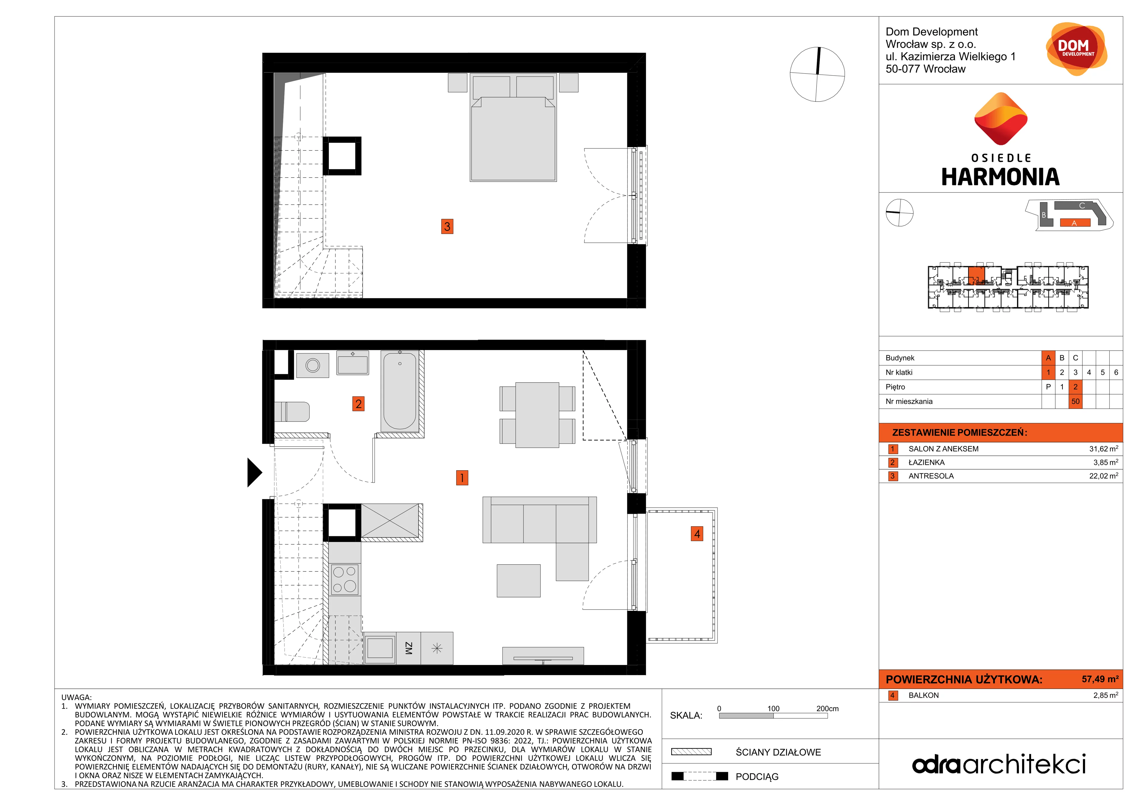 1 pokój, mieszkanie 57,49 m², piętro 2, oferta nr A/50, Osiedle Harmonia, Wrocław, Maślice, ul. Stodolna