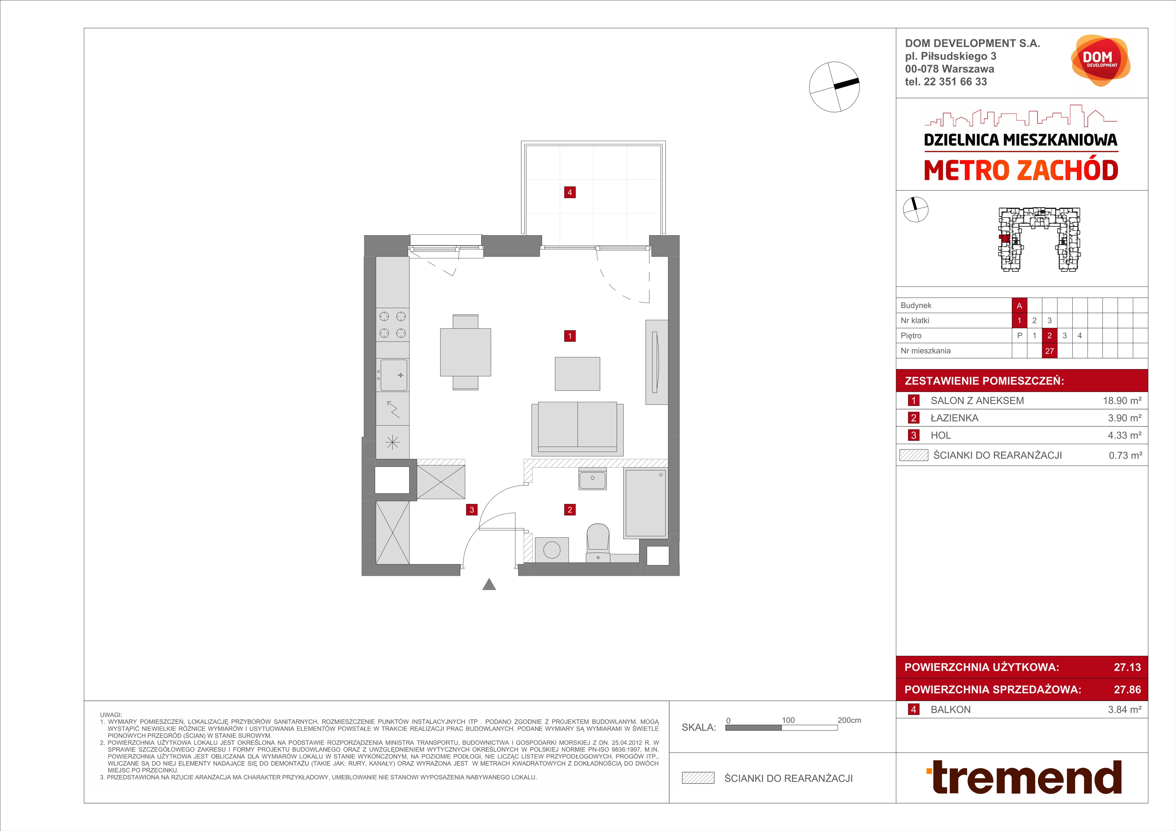 1 pokój, mieszkanie 27,86 m², piętro 2, oferta nr A/27, Metro Zachód 8 bud. A, C, Warszawa, Bemowo, Chrzanów, ul. Szeligowska