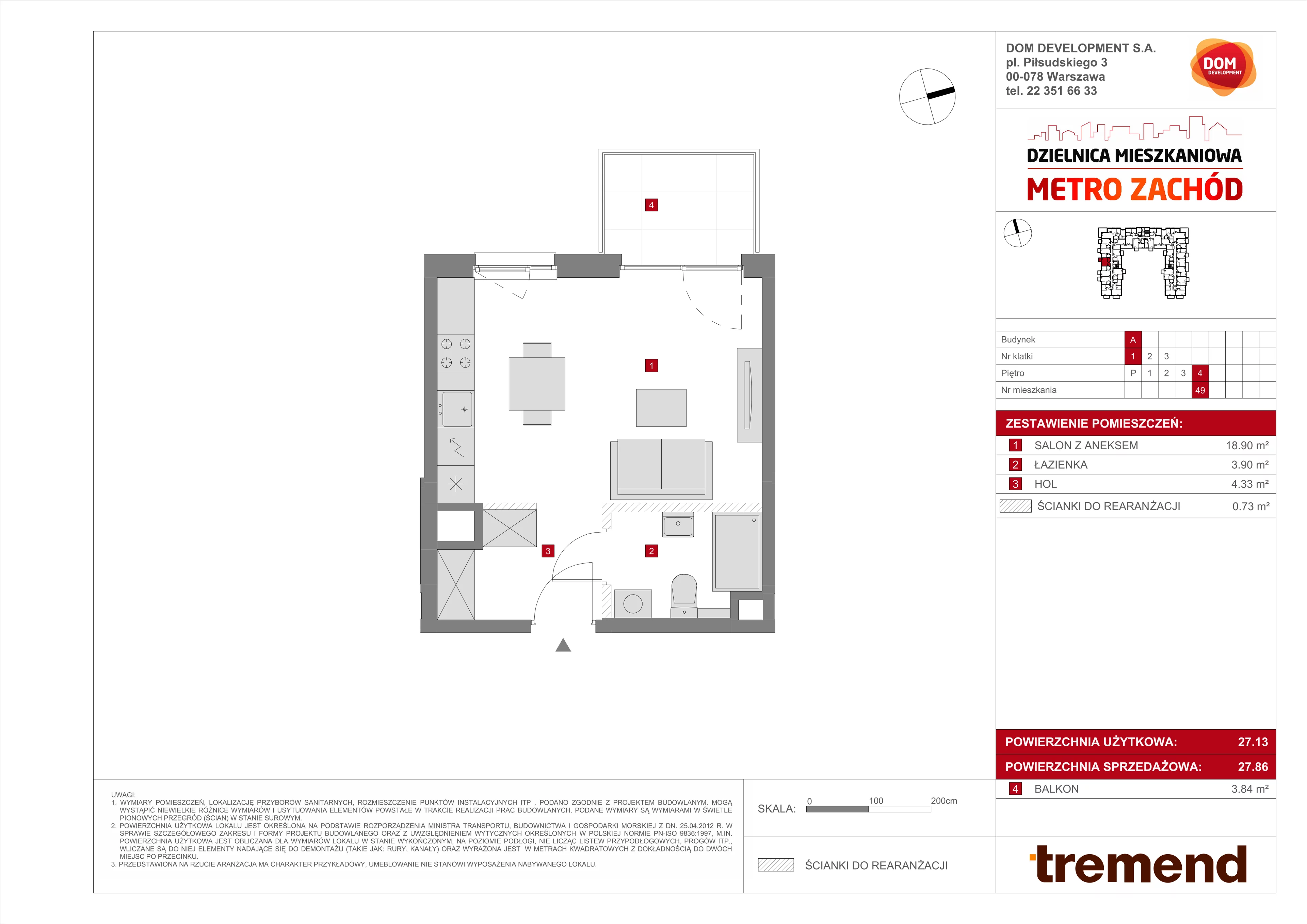 1 pokój, mieszkanie 27,86 m², piętro 4, oferta nr A/49, Metro Zachód 8 bud. A, C, Warszawa, Bemowo, Chrzanów, ul. Szeligowska
