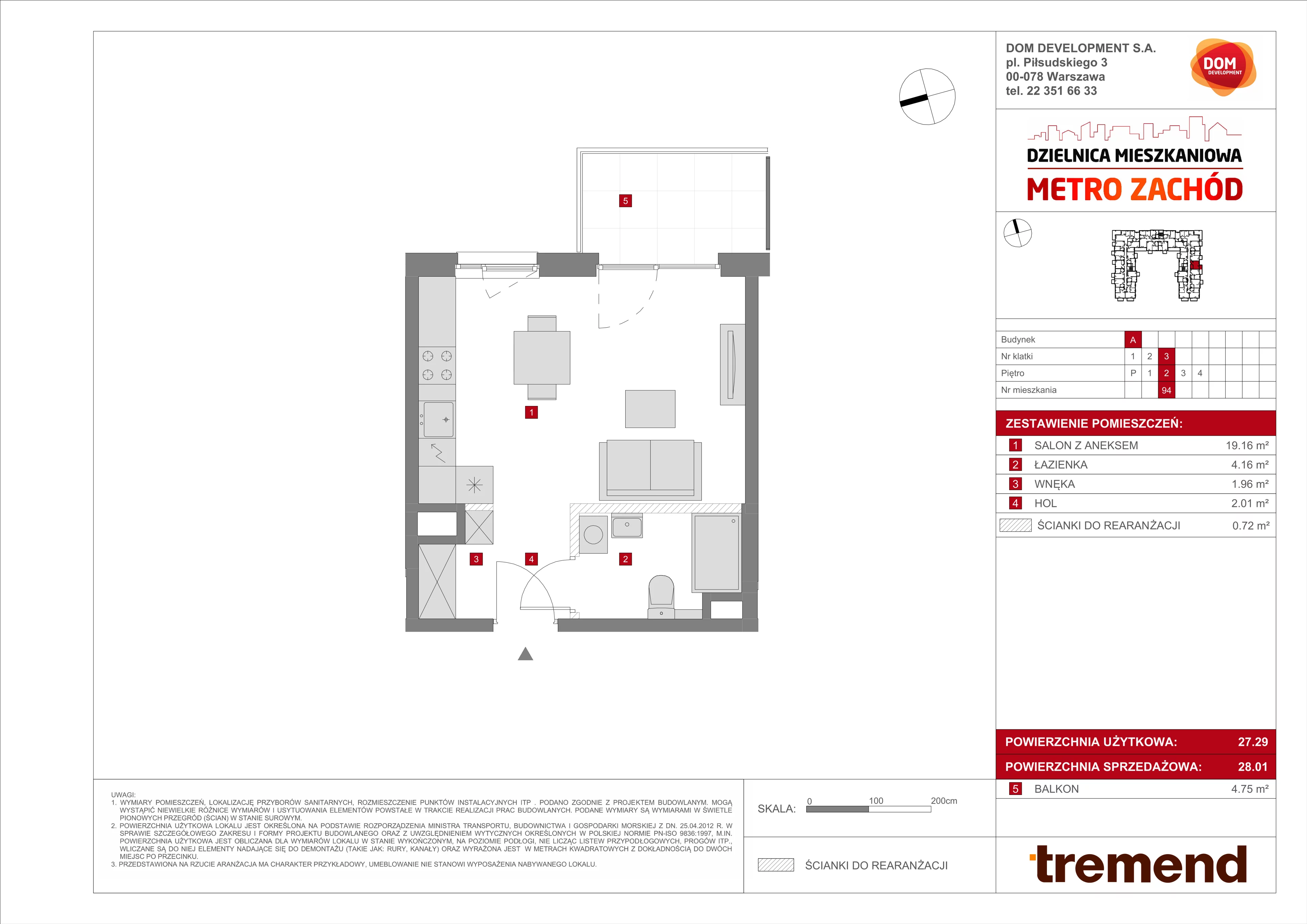 1 pokój, mieszkanie 28,01 m², piętro 2, oferta nr A/94, Metro Zachód 8 bud. A, C, Warszawa, Bemowo, Chrzanów, ul. Szeligowska