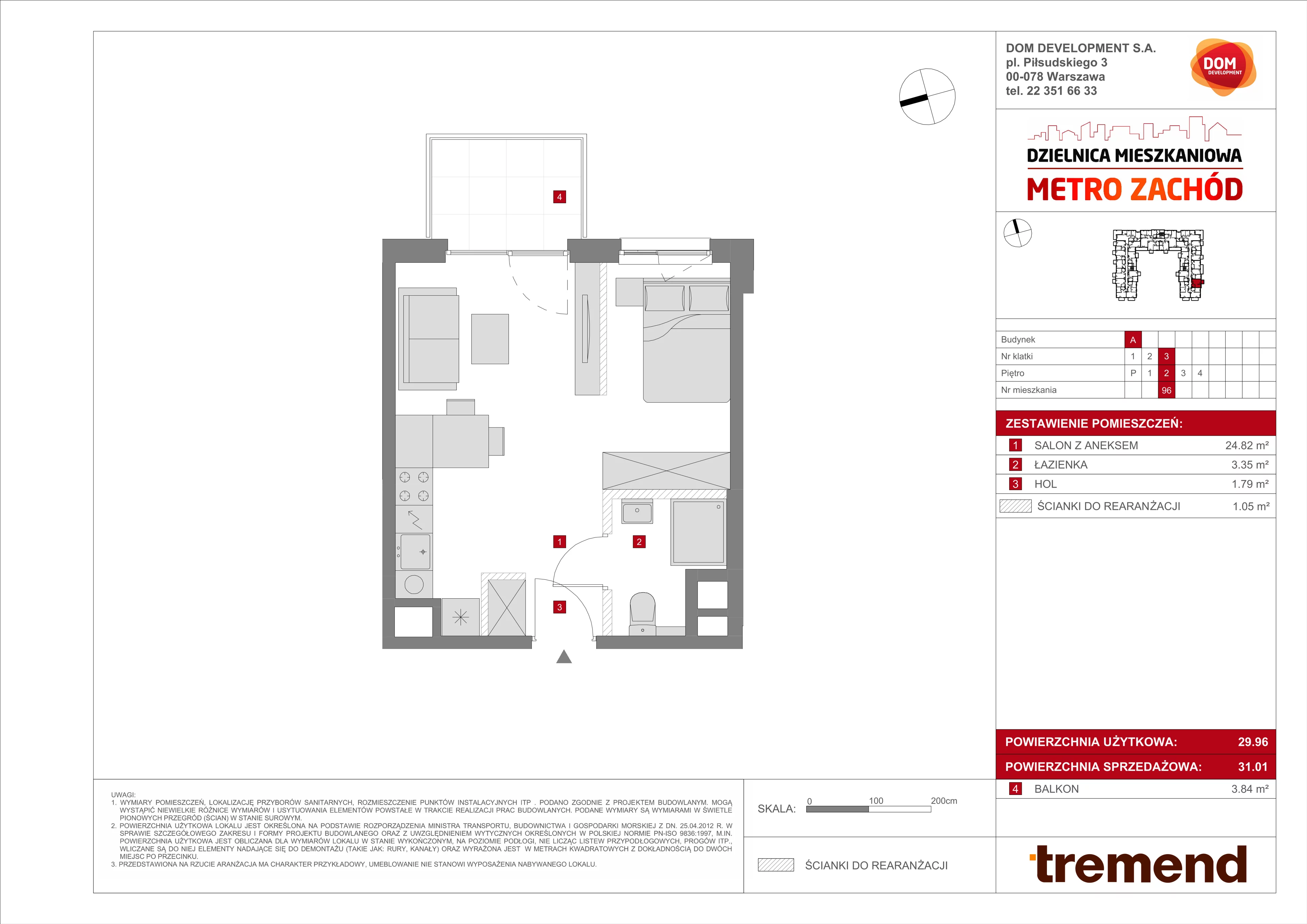 1 pokój, mieszkanie 31,01 m², piętro 2, oferta nr A/96, Metro Zachód 8 bud. A, C, Warszawa, Bemowo, Chrzanów, ul. Szeligowska