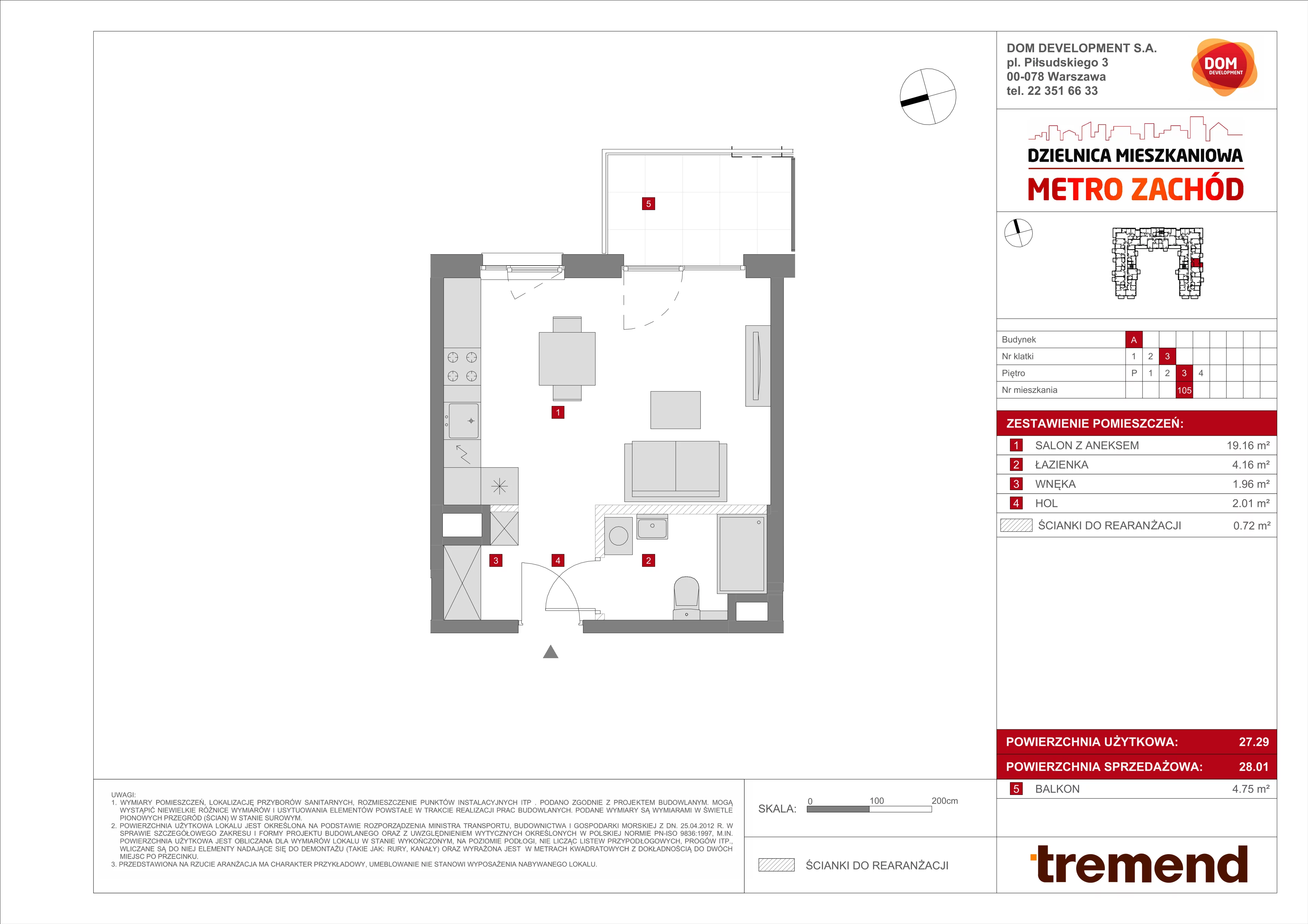 1 pokój, mieszkanie 28,01 m², piętro 3, oferta nr A/105, Metro Zachód 8 bud. A, C, Warszawa, Bemowo, Chrzanów, ul. Szeligowska