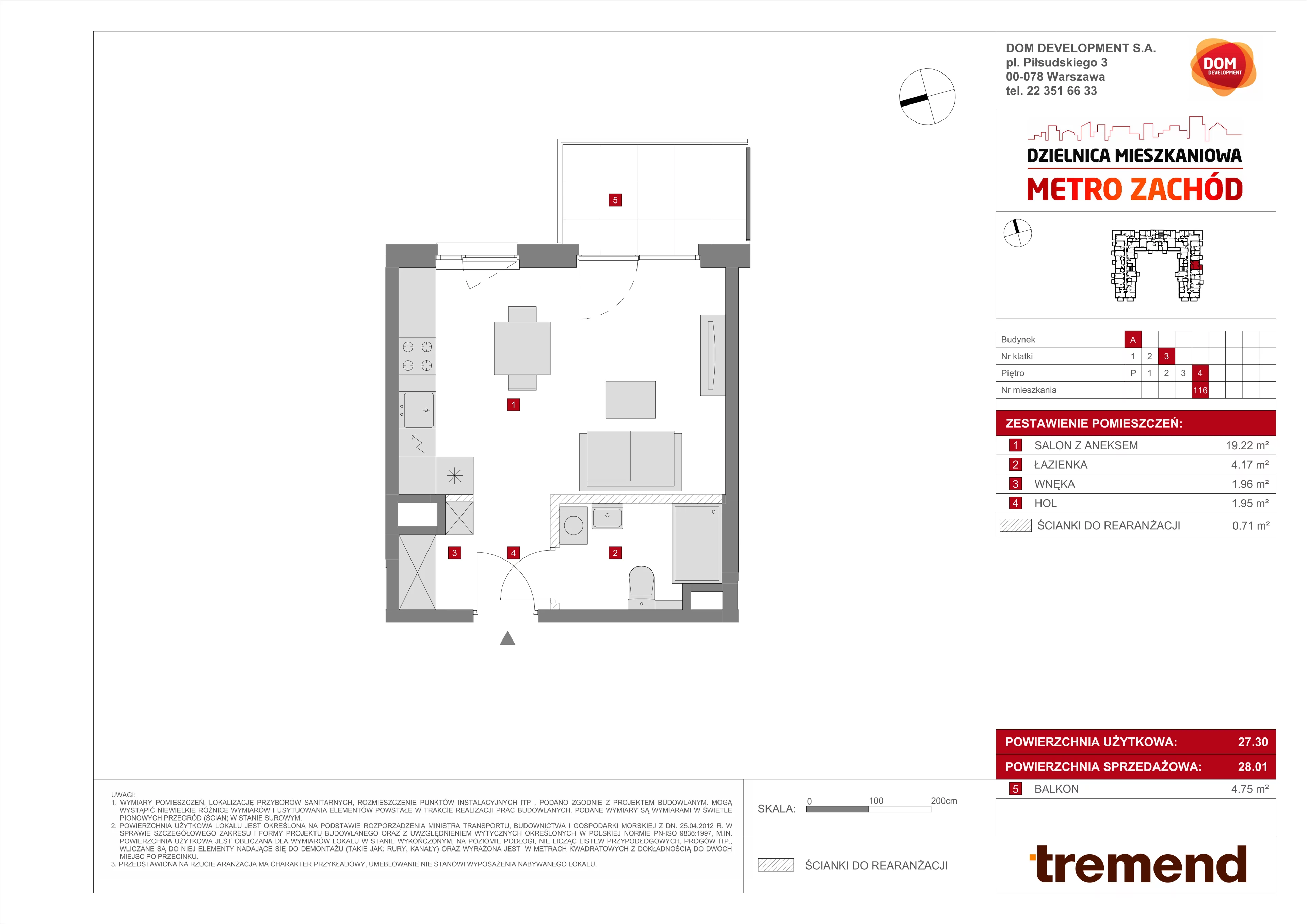 1 pokój, mieszkanie 28,01 m², piętro 4, oferta nr A/116, Metro Zachód 8 bud. A, C, Warszawa, Bemowo, Chrzanów, ul. Szeligowska