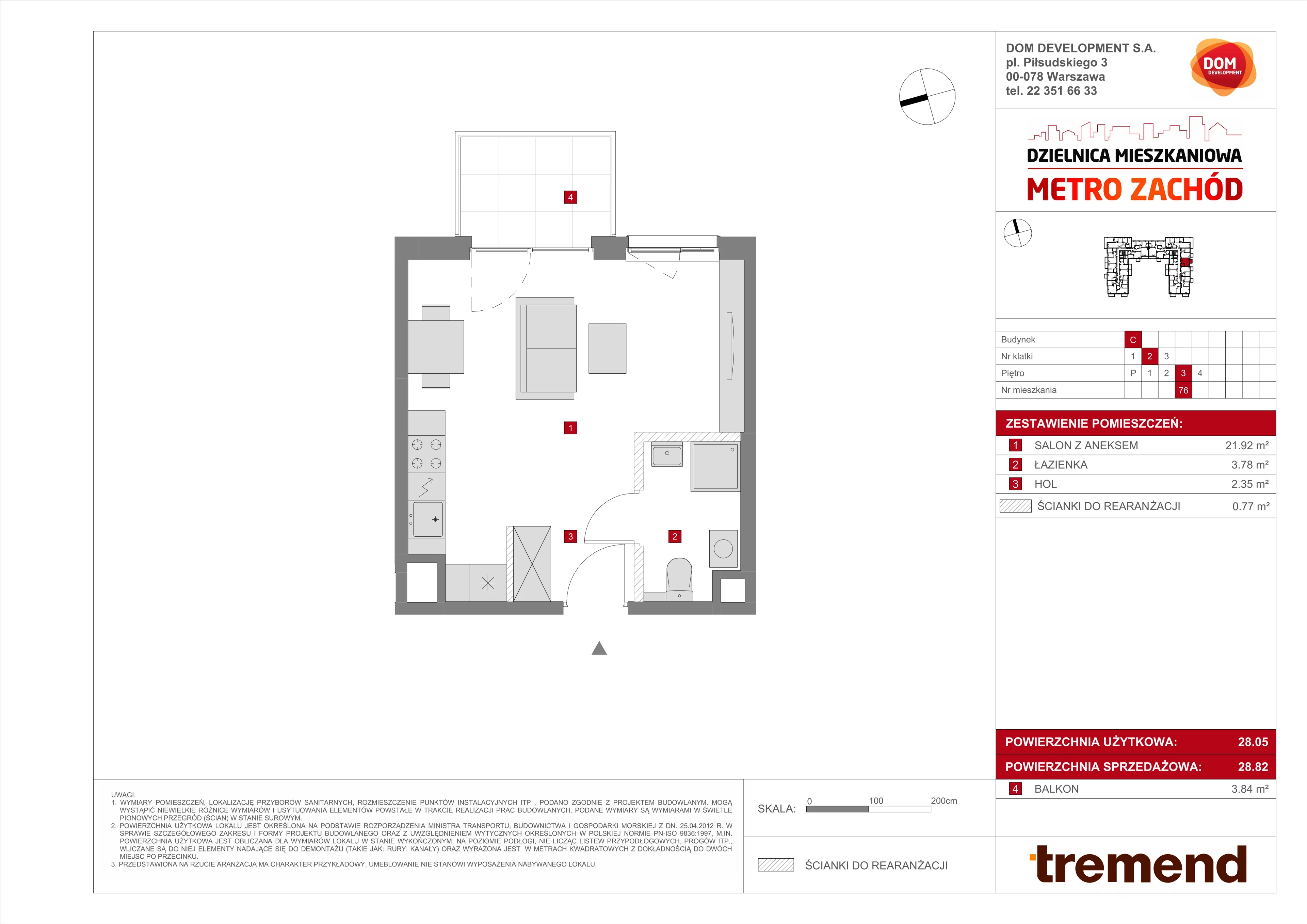 1 pokój, mieszkanie 28,82 m², piętro 3, oferta nr C/76, Metro Zachód 8 bud. A, C, Warszawa, Bemowo, Chrzanów, ul. Szeligowska