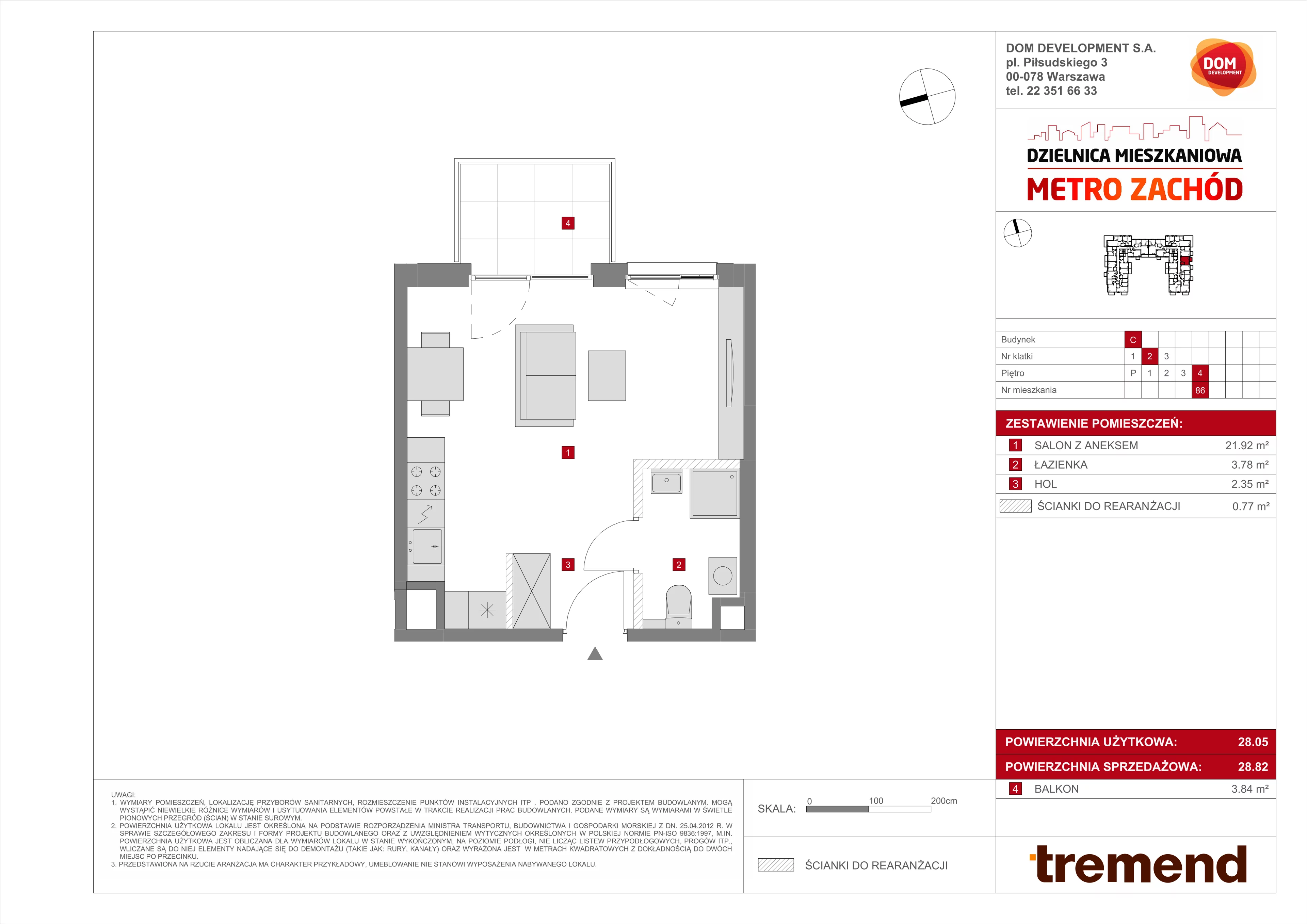1 pokój, mieszkanie 28,82 m², piętro 4, oferta nr C/86, Metro Zachód 8 bud. A, C, Warszawa, Bemowo, Chrzanów, ul. Szeligowska