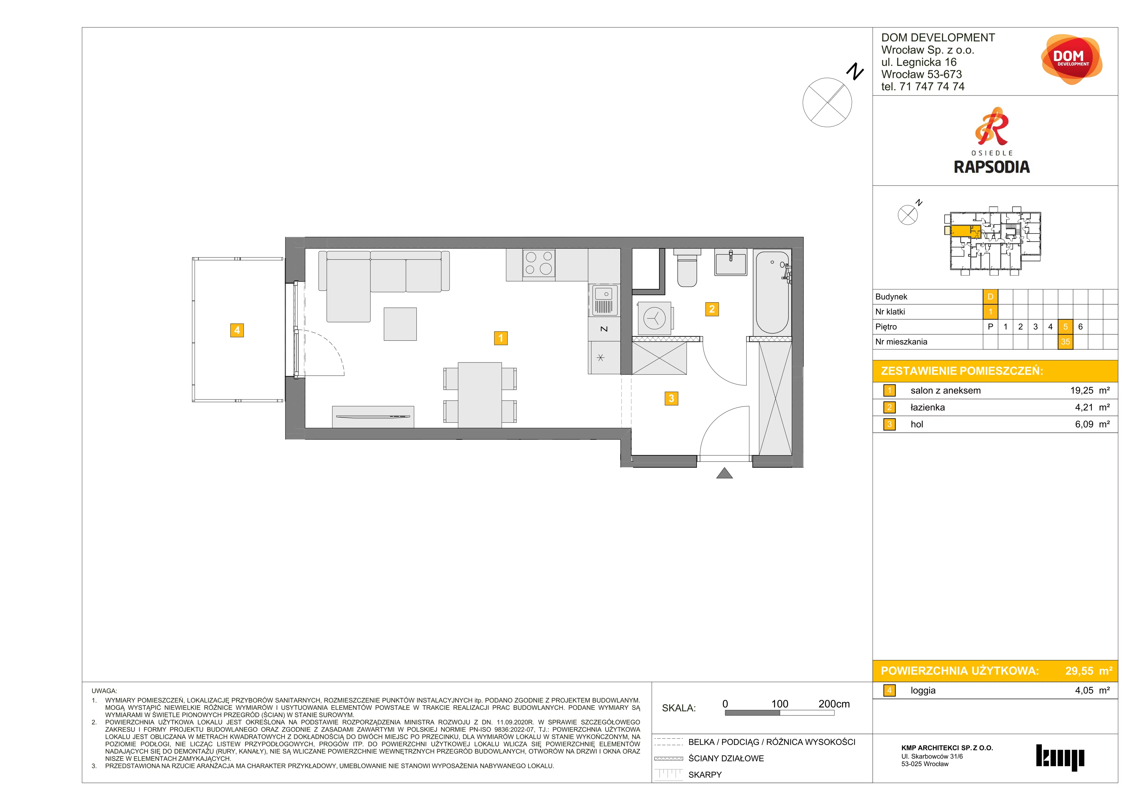 1 pokój, mieszkanie 29,55 m², piętro 5, oferta nr D/35, Osiedle Rapsodia 2, Wrocław, Karłowice-Różanka, Różanka, ul. Wołowska 5
