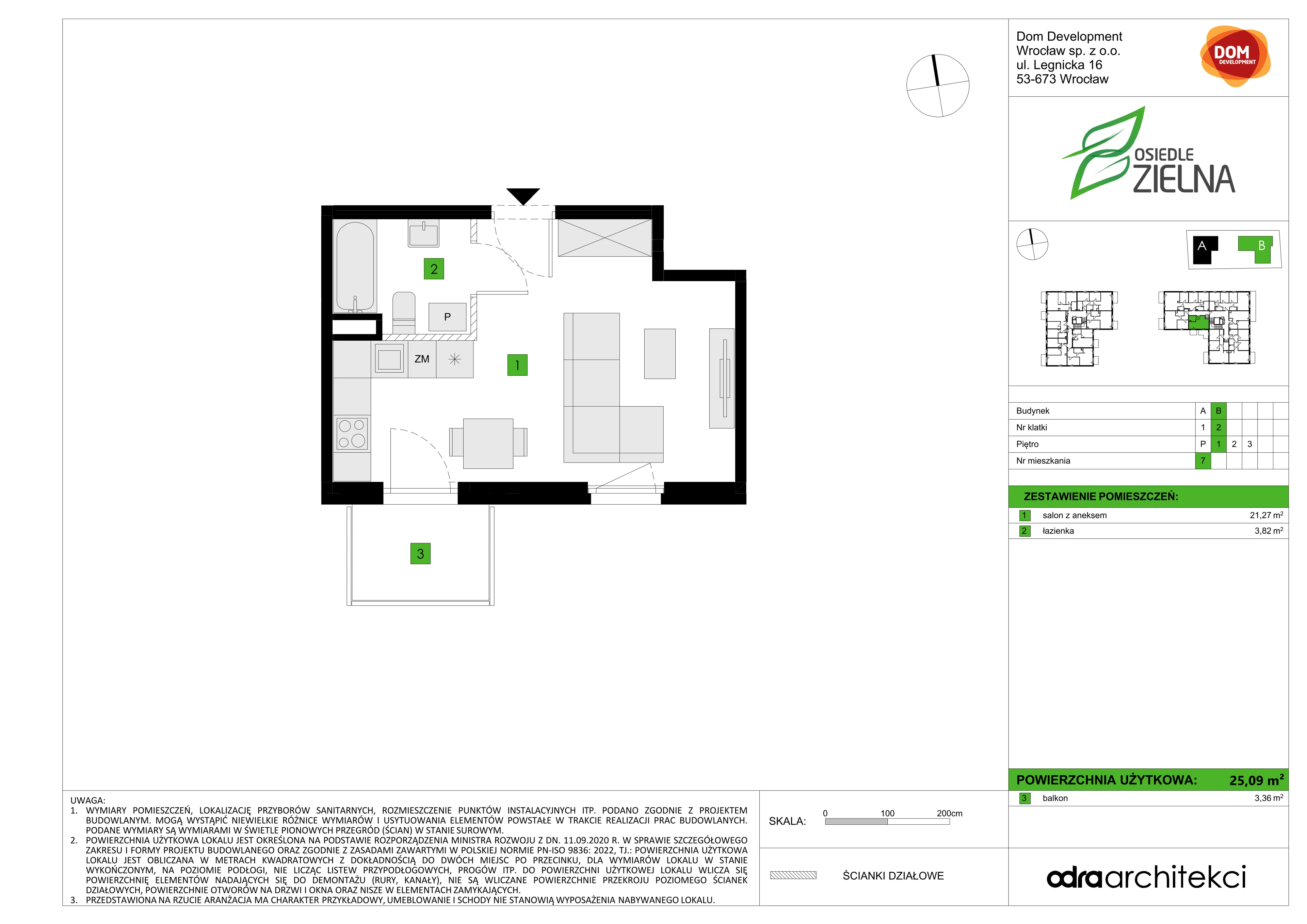 1 pokój, mieszkanie 25,09 m², piętro 1, oferta nr B/7, Osiedle Zielna 4.2, Wrocław, Psie Pole-Zawidawie, Psie Pole, ul. Zielna
