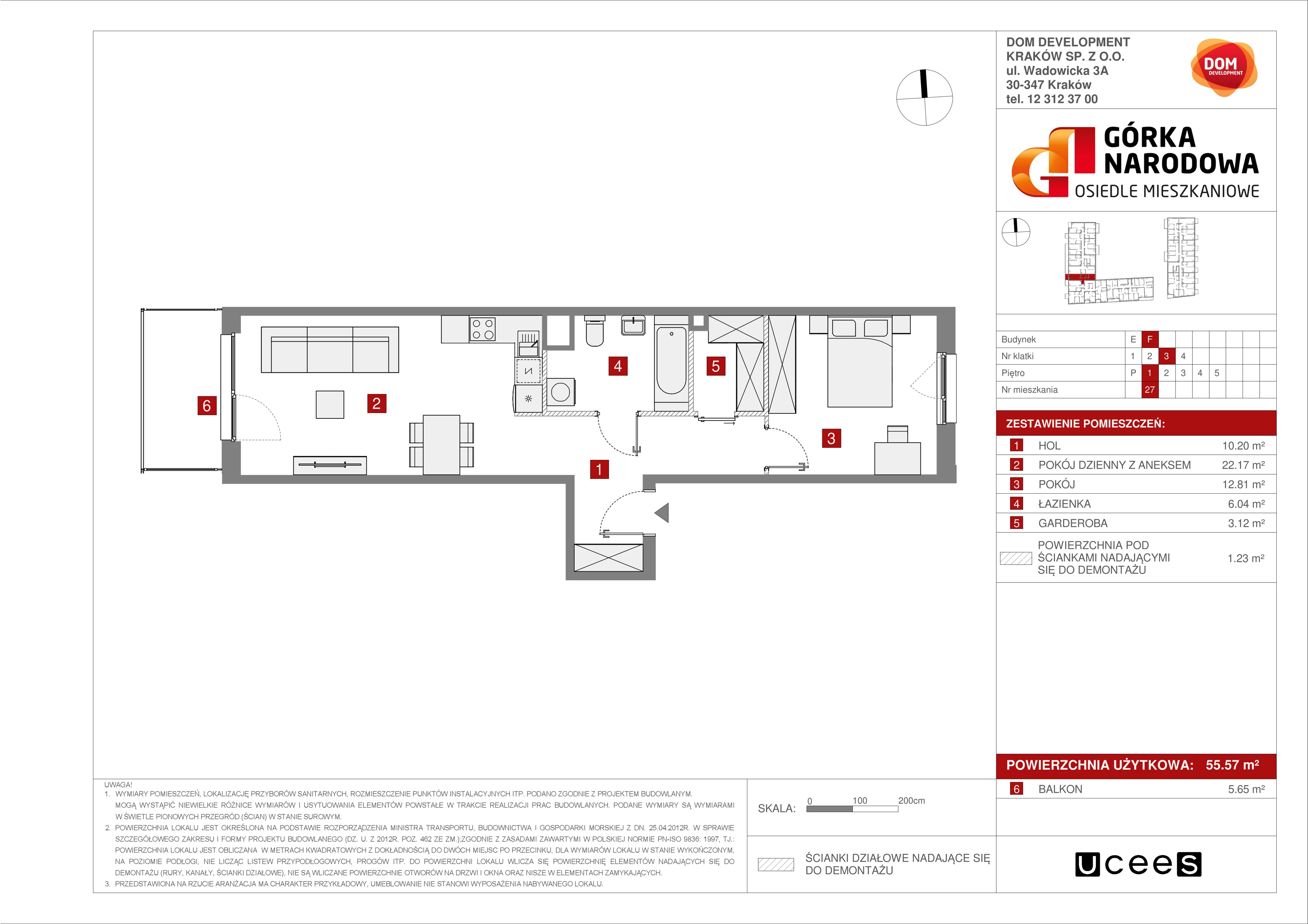 2 pokoje, mieszkanie 55,57 m², piętro 1, oferta nr F/27, Osiedle Górka Narodowa, Kraków, Prądnik Biały, Górka Narodowa, ul. Andrzeja Zauchy