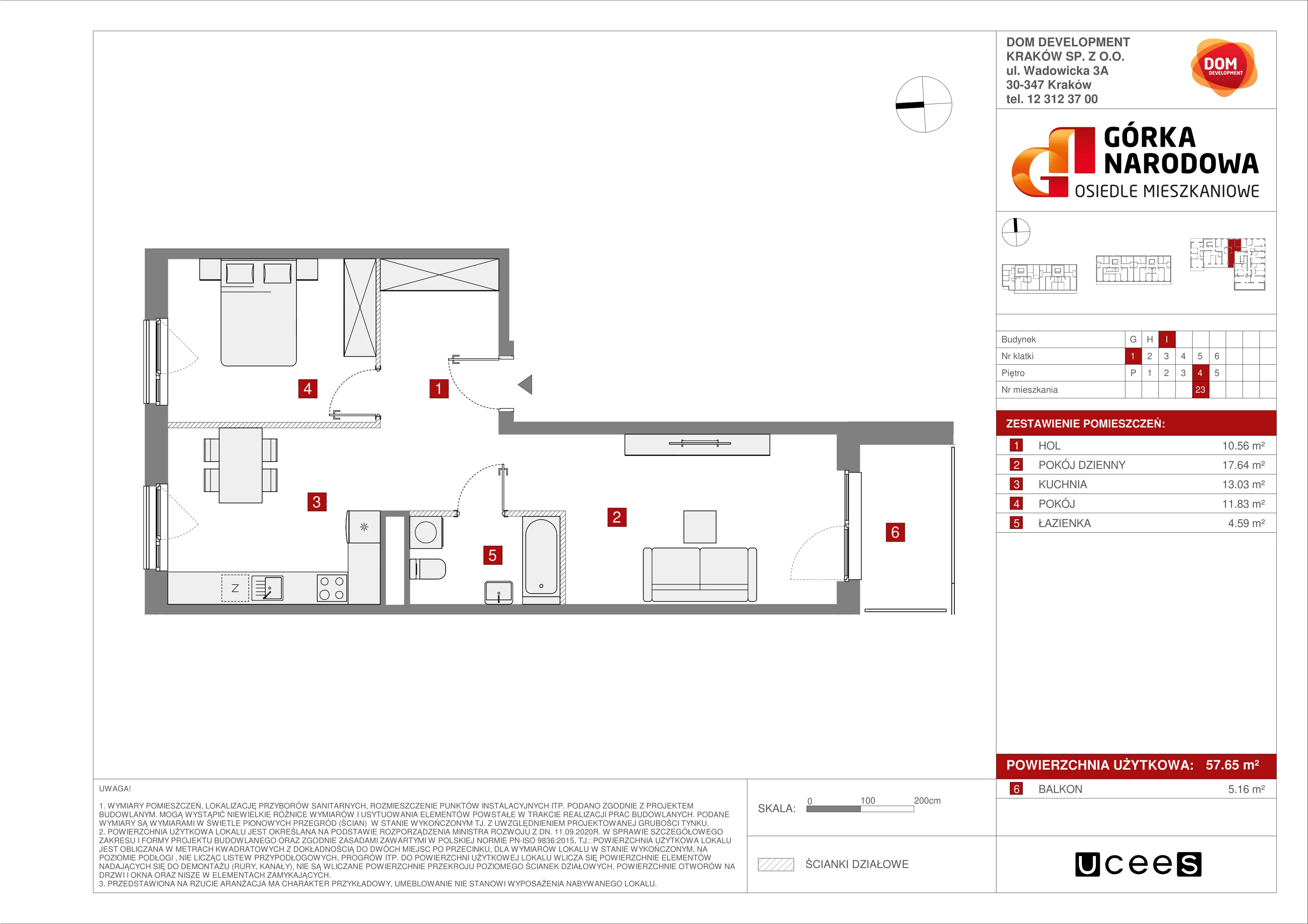 2 pokoje, mieszkanie 57,65 m², piętro 4, oferta nr I/23, Osiedle Górka Narodowa, Kraków, Prądnik Biały, Górka Narodowa, ul. Andrzeja Zauchy