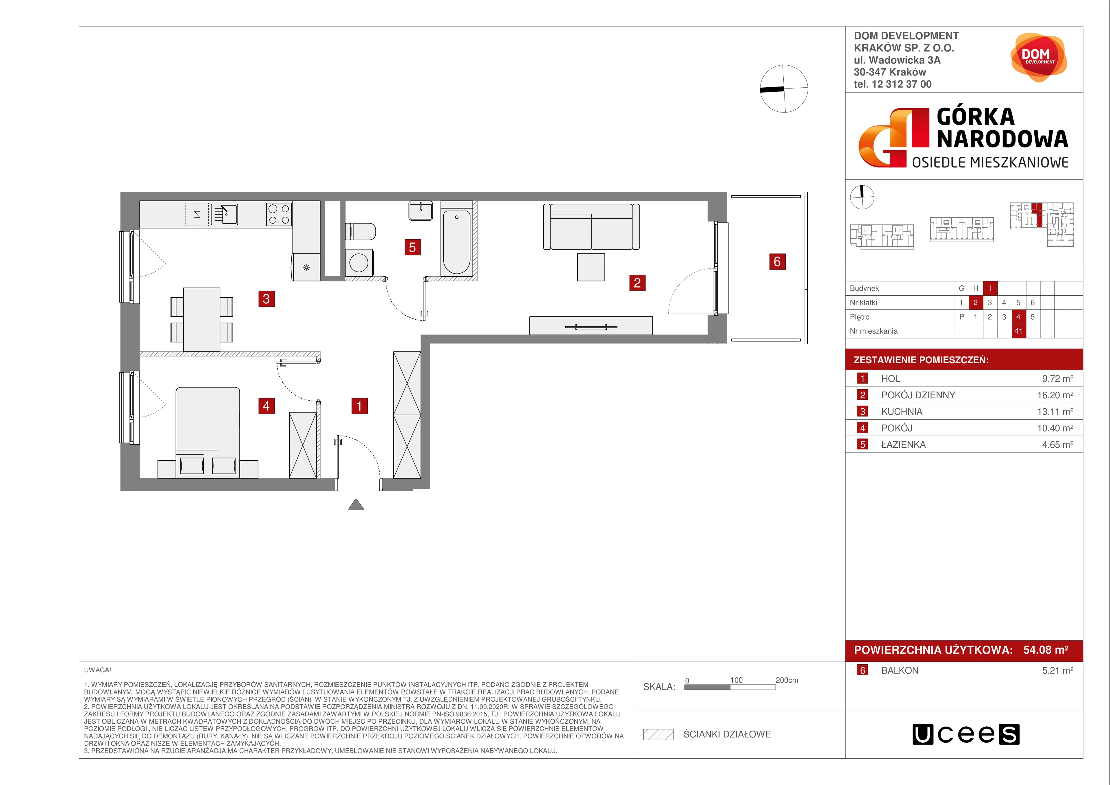 2 pokoje, mieszkanie 54,08 m², piętro 4, oferta nr I/41, Osiedle Górka Narodowa, Kraków, Prądnik Biały, Górka Narodowa, ul. Andrzeja Zauchy