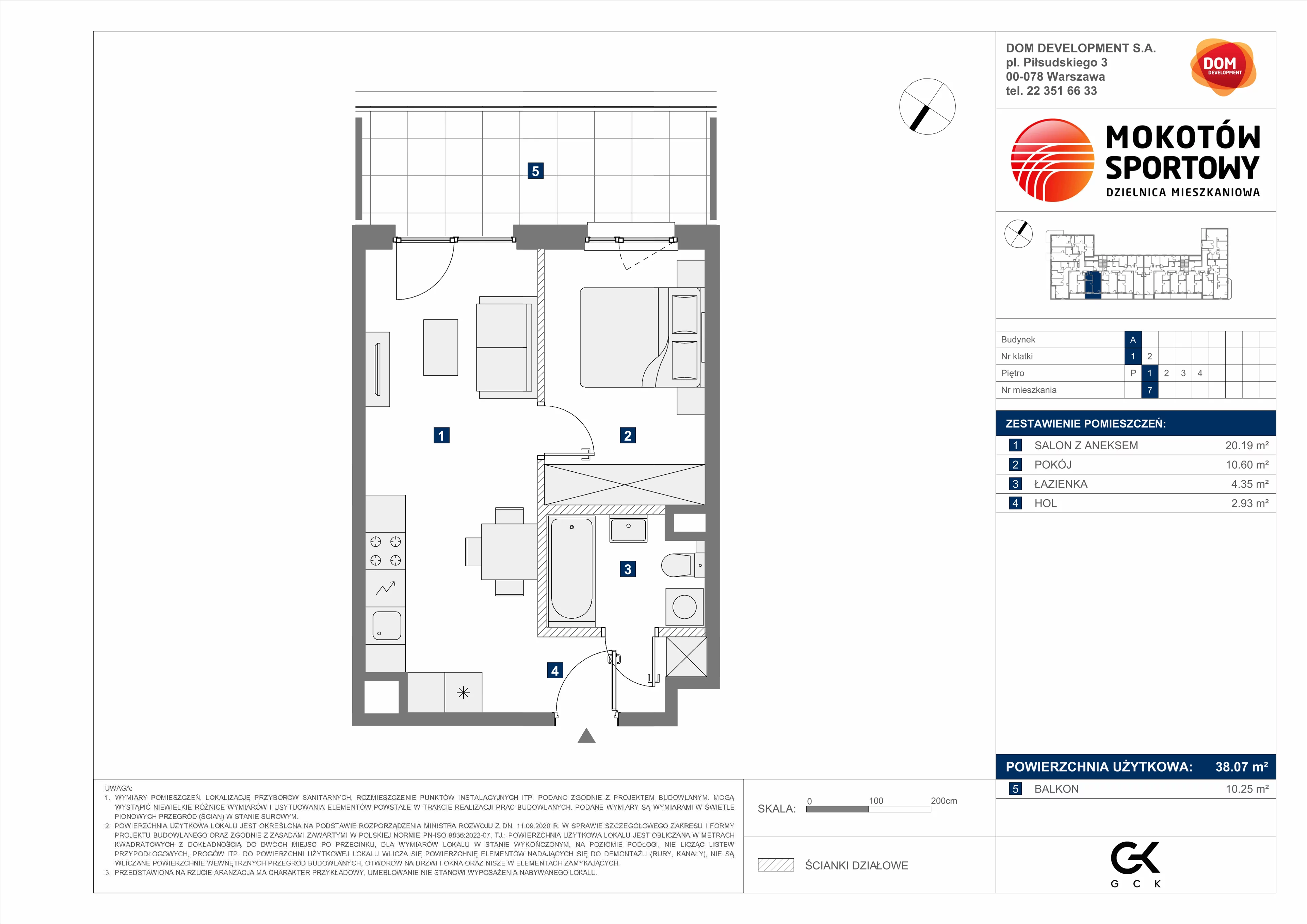 2 pokoje, mieszkanie 38,07 m², piętro 1, oferta nr A/7, Mokotów Sportowy 3, Warszawa, Mokotów, Augustówka, ul. Antoniewska
