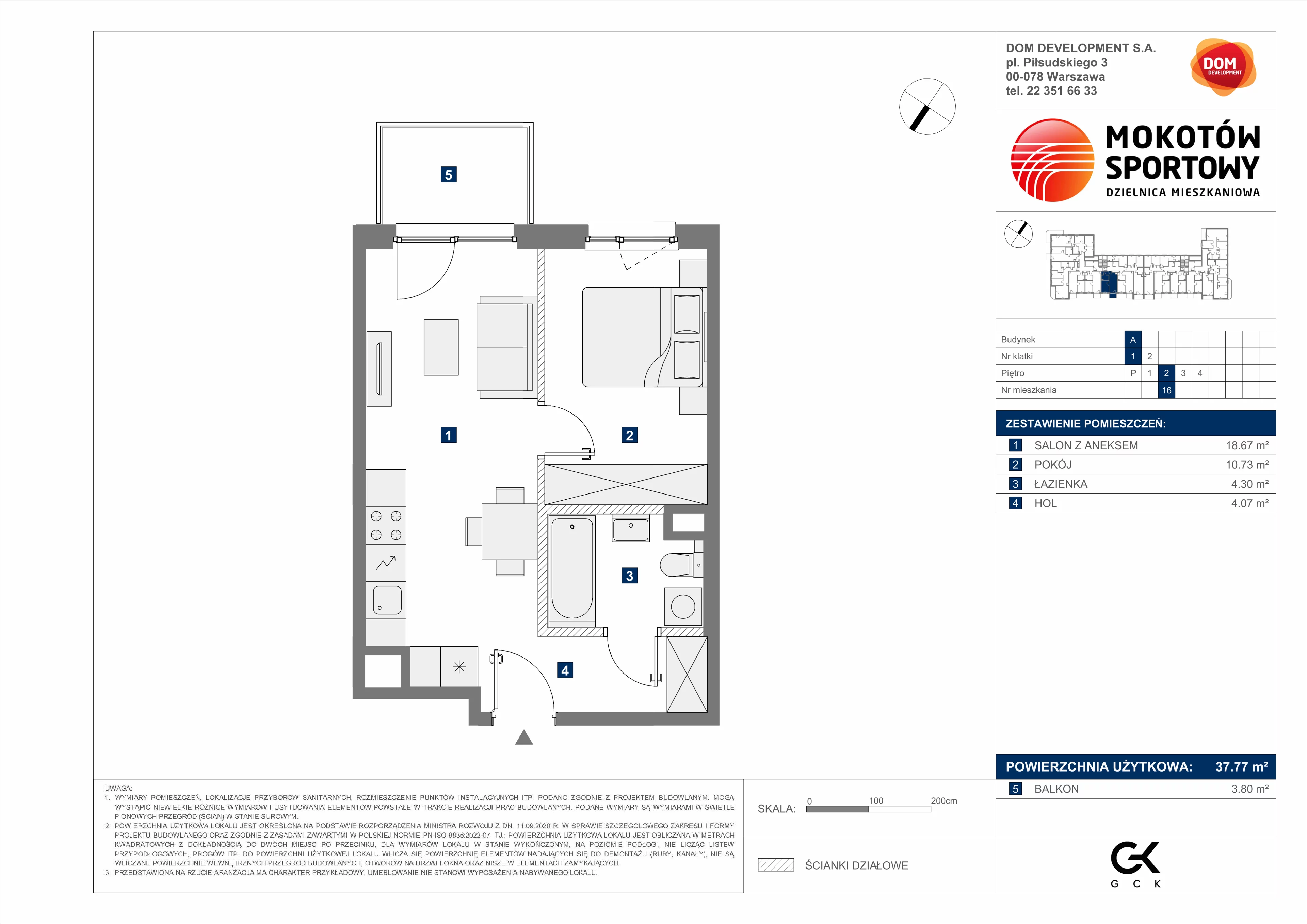 2 pokoje, mieszkanie 37,77 m², piętro 2, oferta nr A/16, Mokotów Sportowy 3, Warszawa, Mokotów, Augustówka, ul. Antoniewska