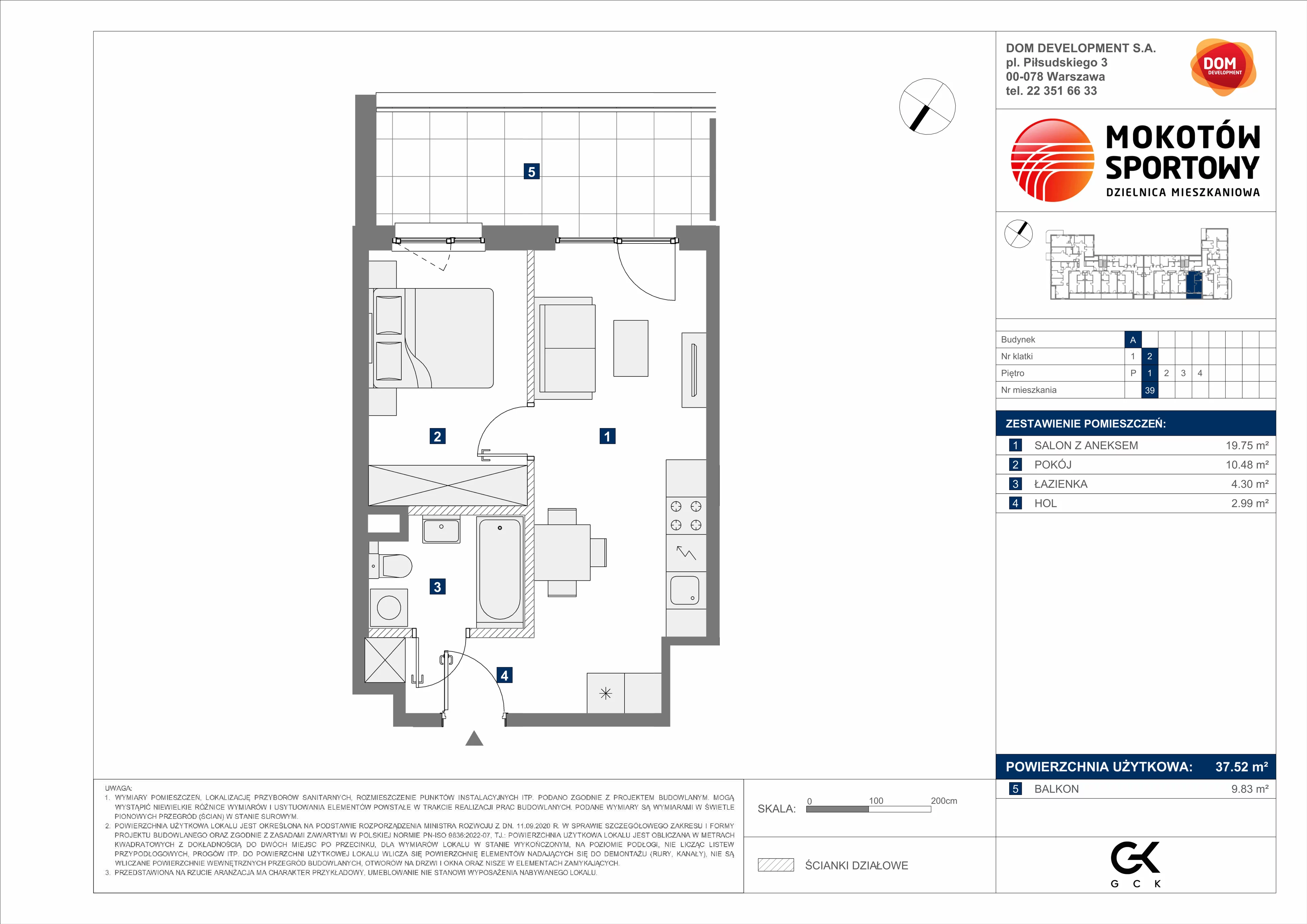2 pokoje, mieszkanie 37,52 m², piętro 1, oferta nr A/39, Mokotów Sportowy 3, Warszawa, Mokotów, Augustówka, ul. Antoniewska