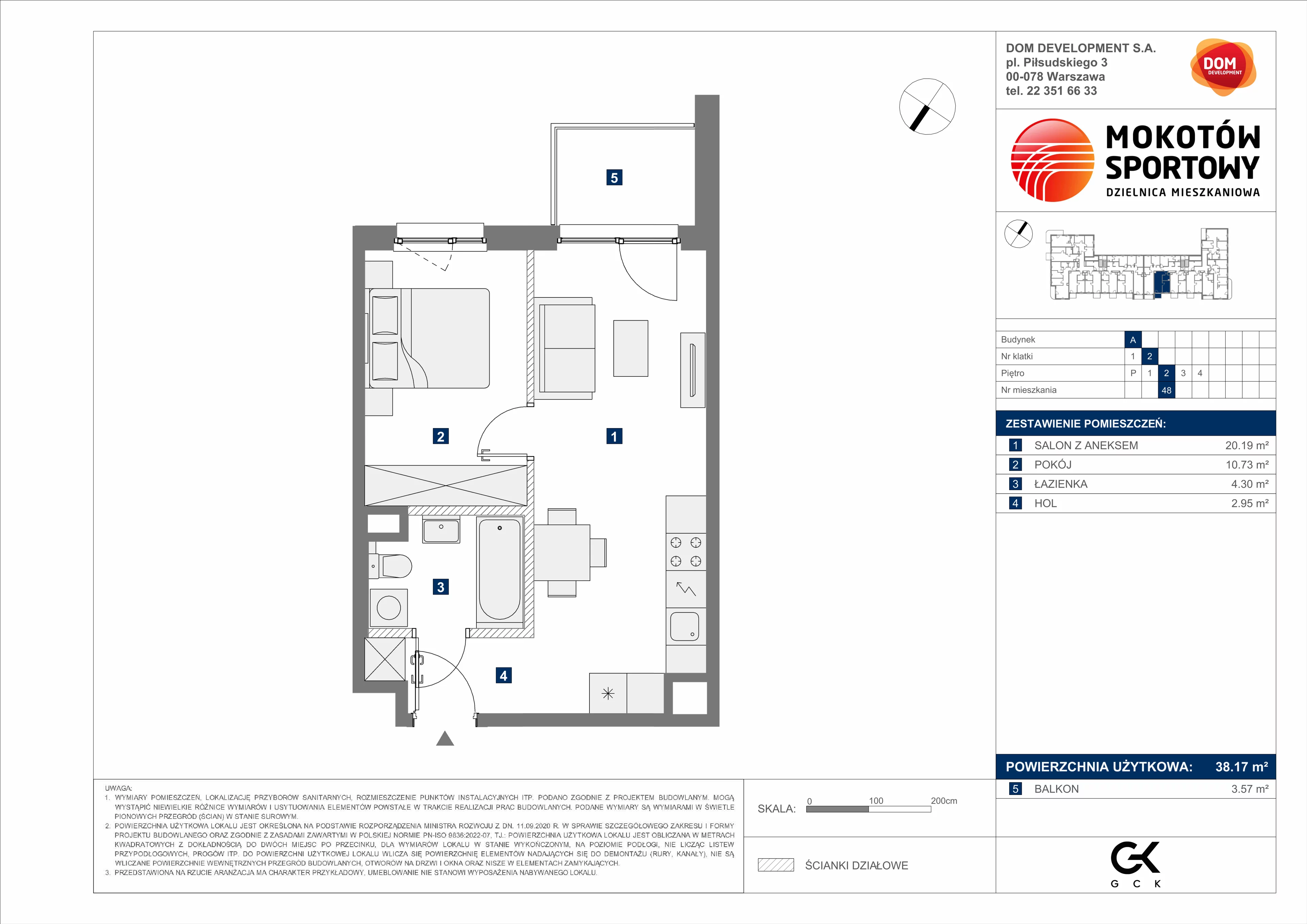 2 pokoje, mieszkanie 38,17 m², piętro 2, oferta nr A/48, Mokotów Sportowy 3, Warszawa, Mokotów, Augustówka, ul. Antoniewska